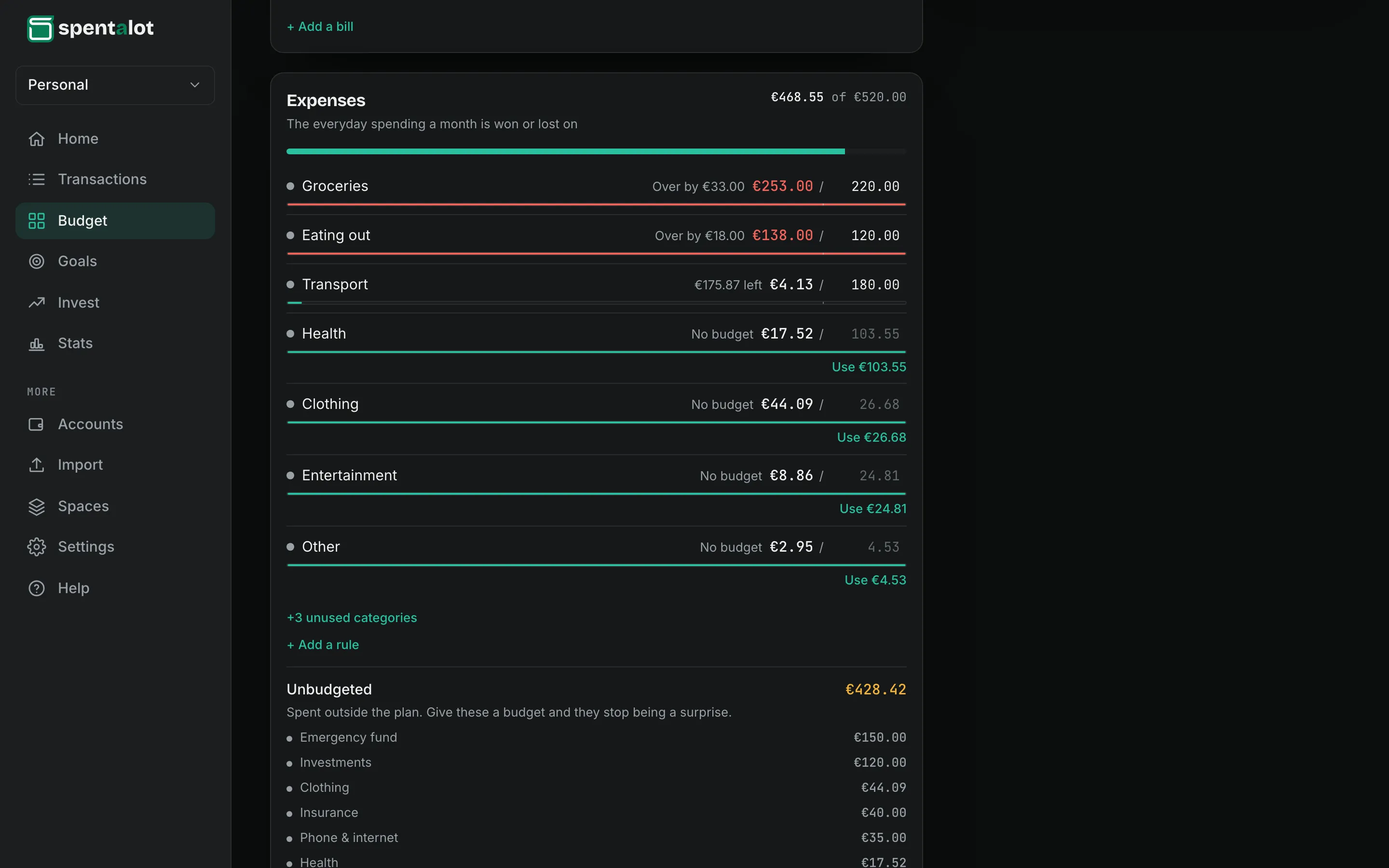 Spentalot Budget on a laptop: Groceries at €253.00 of €220.00