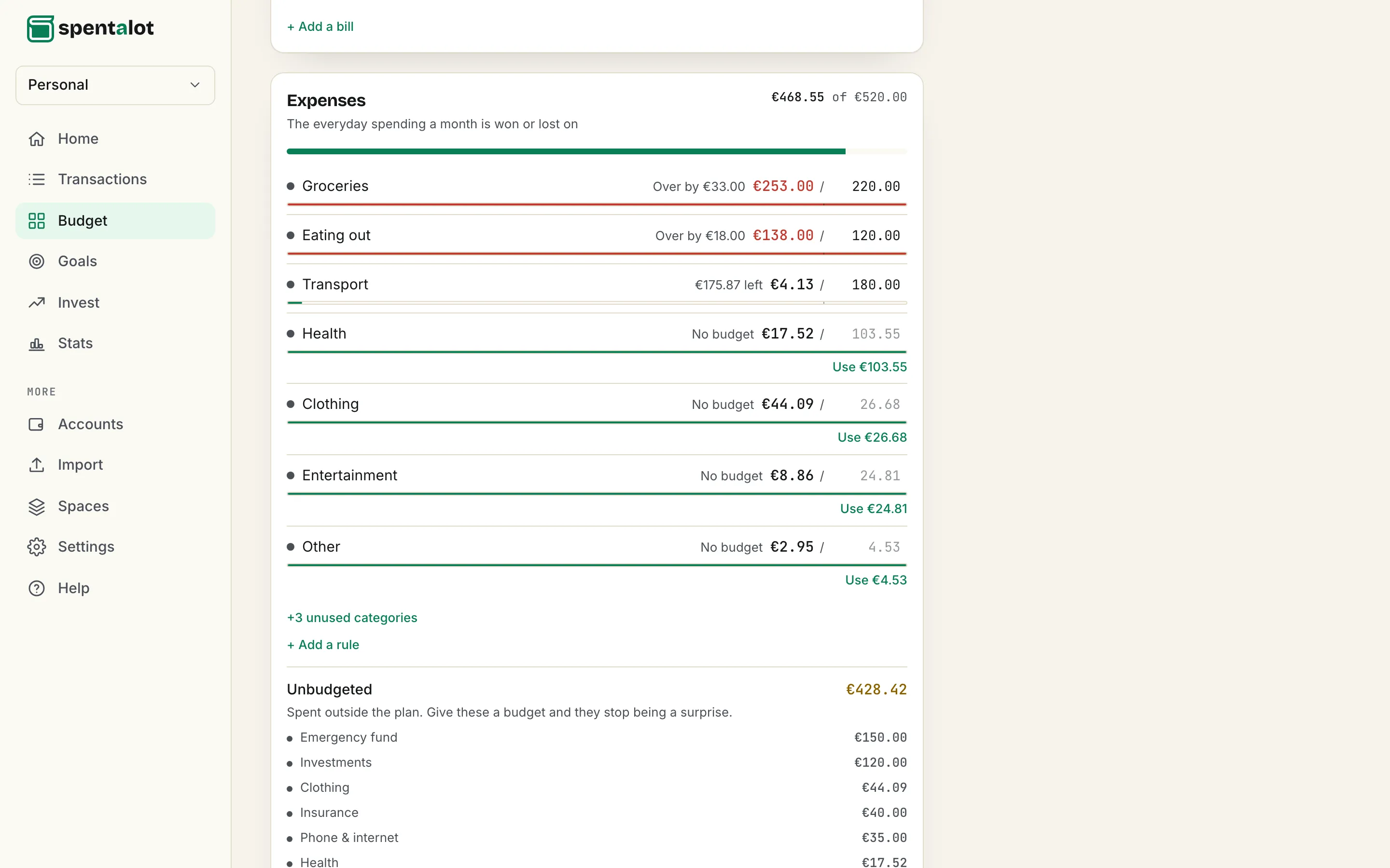 Spentalot Budget on a laptop: Groceries at €253.00 of €220.00