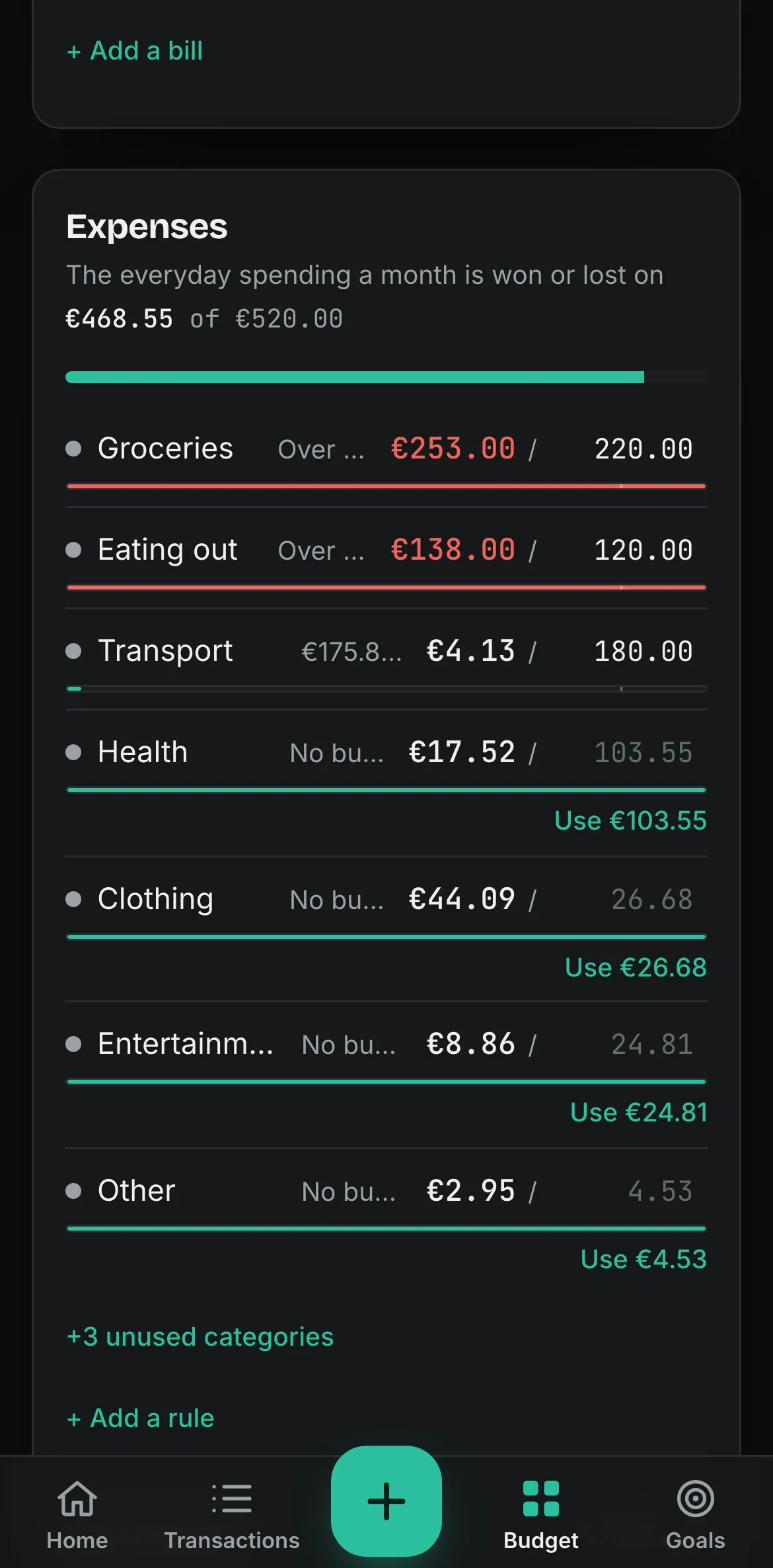 Spentalot Budget on an iPhone: the Expenses card, Groceries at €253.00 of €220.00