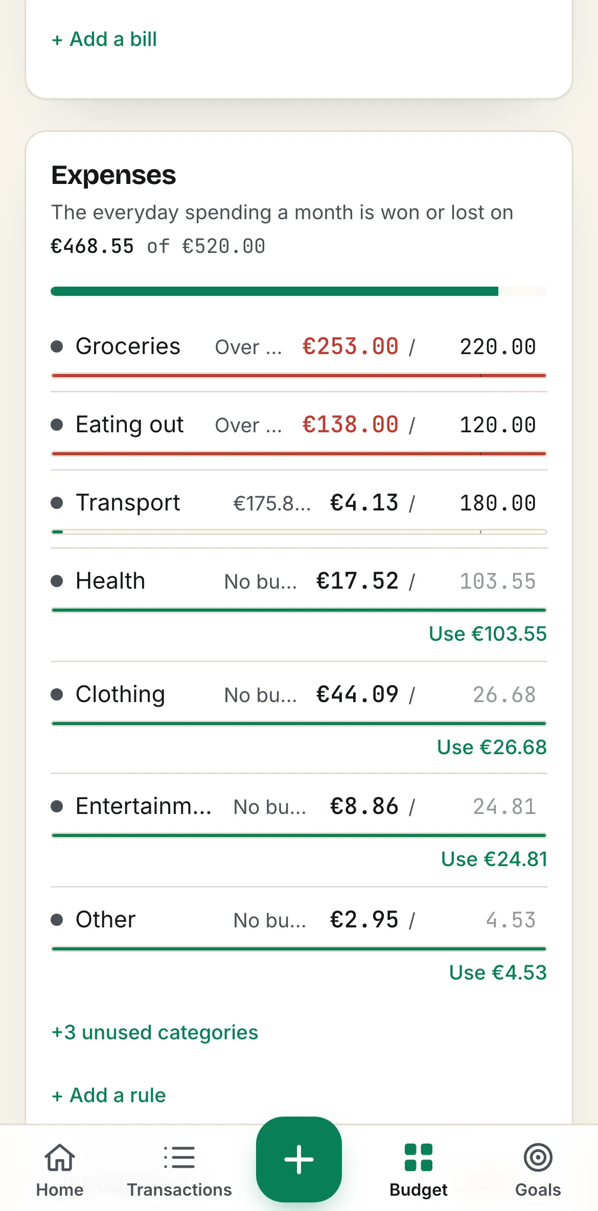 Spentalot Budget on an iPhone: the Expenses card, Groceries at €253.00 of €220.00