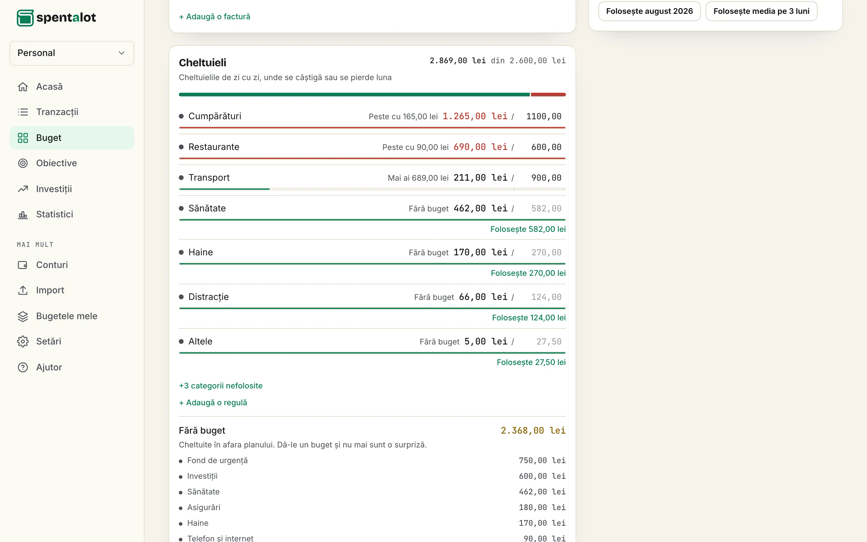 Bugetul din Spentalot pe laptop: Cumpărături, 1.265,00 lei din 1.100,00 lei