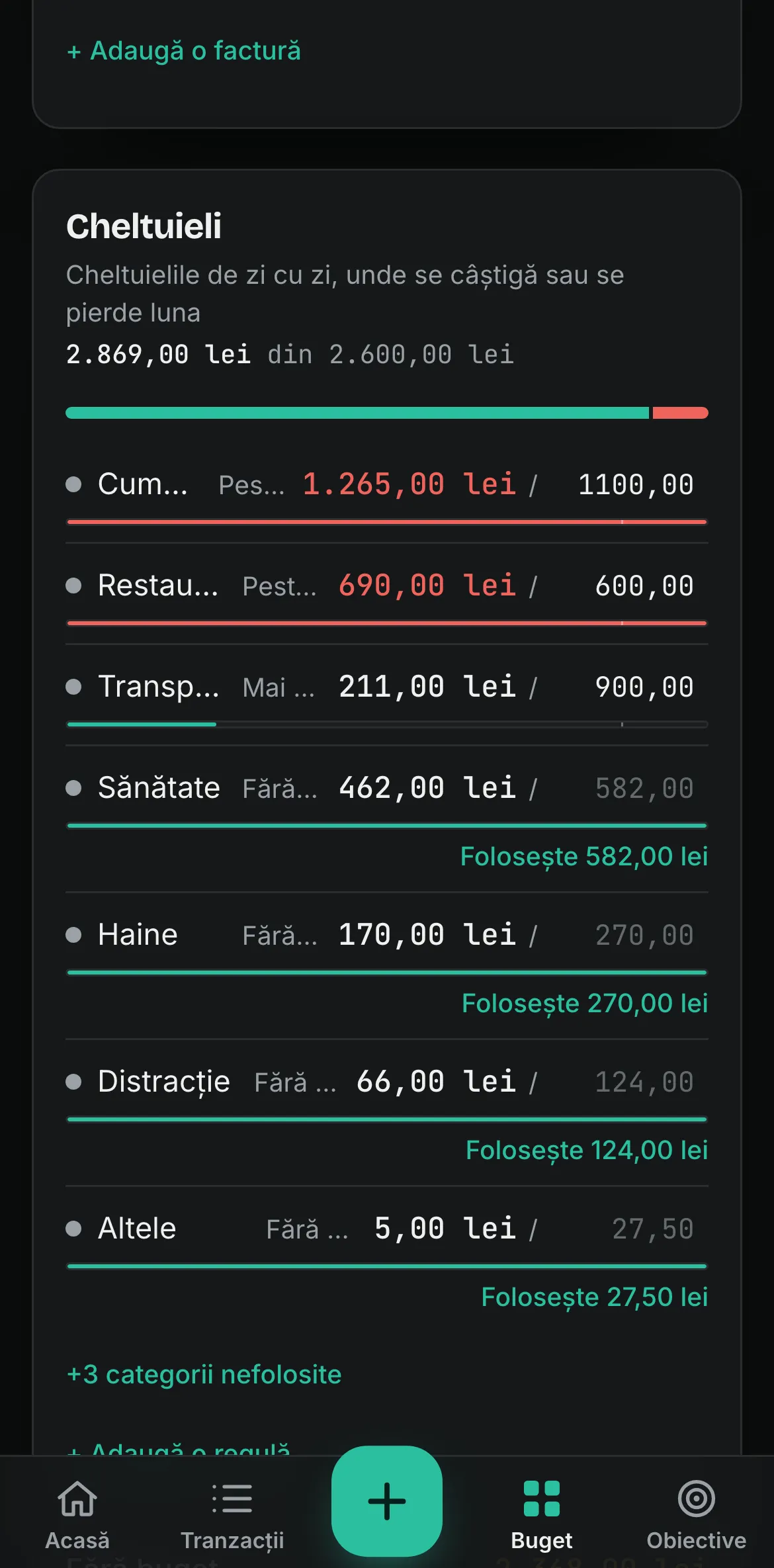 Bugetul din Spentalot pe iPhone: cardul Cheltuieli, Cumpărături, 1.265,00 lei din 1.100,00 lei