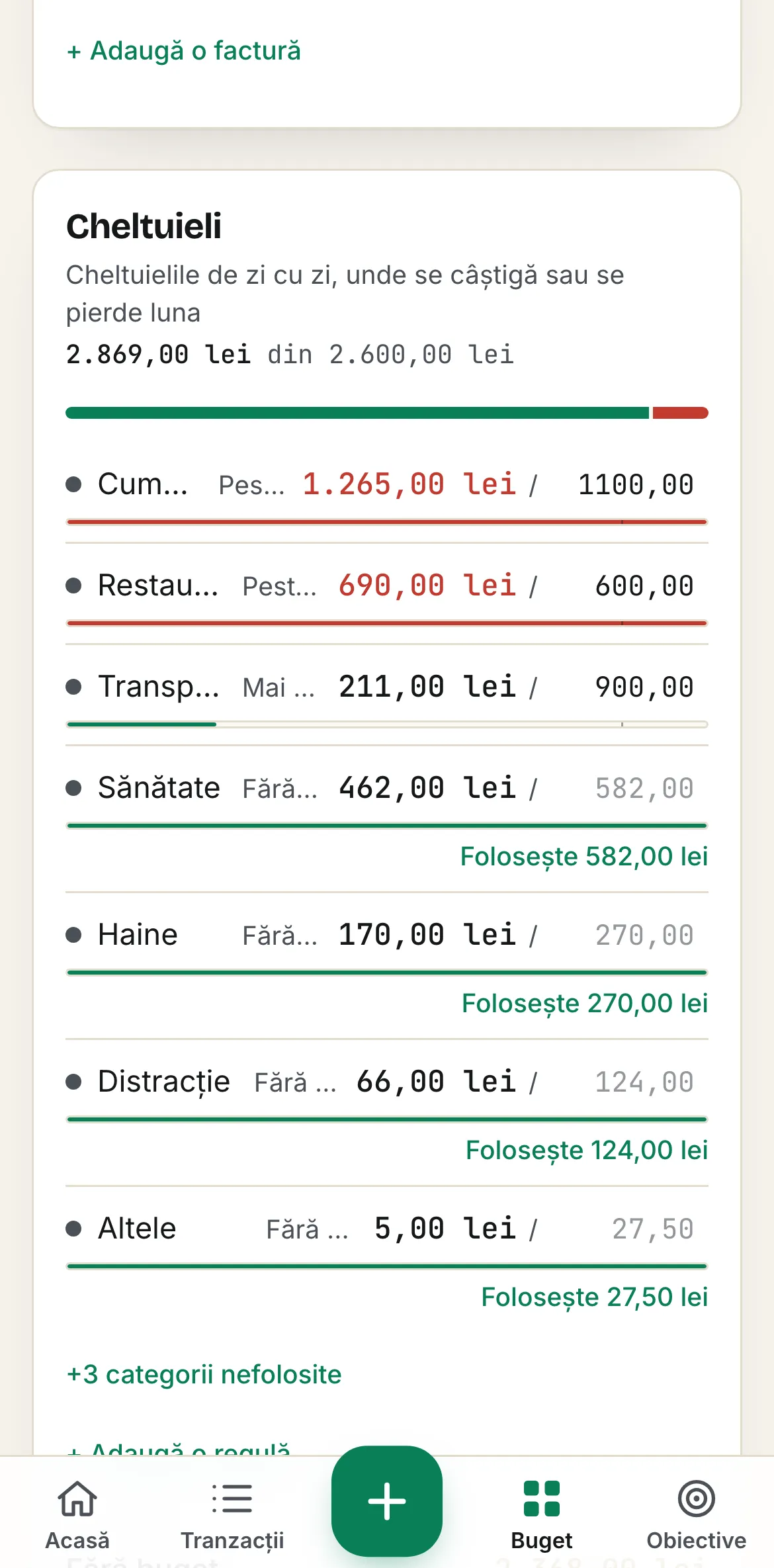 Bugetul din Spentalot pe iPhone: cardul Cheltuieli, Cumpărături, 1.265,00 lei din 1.100,00 lei
