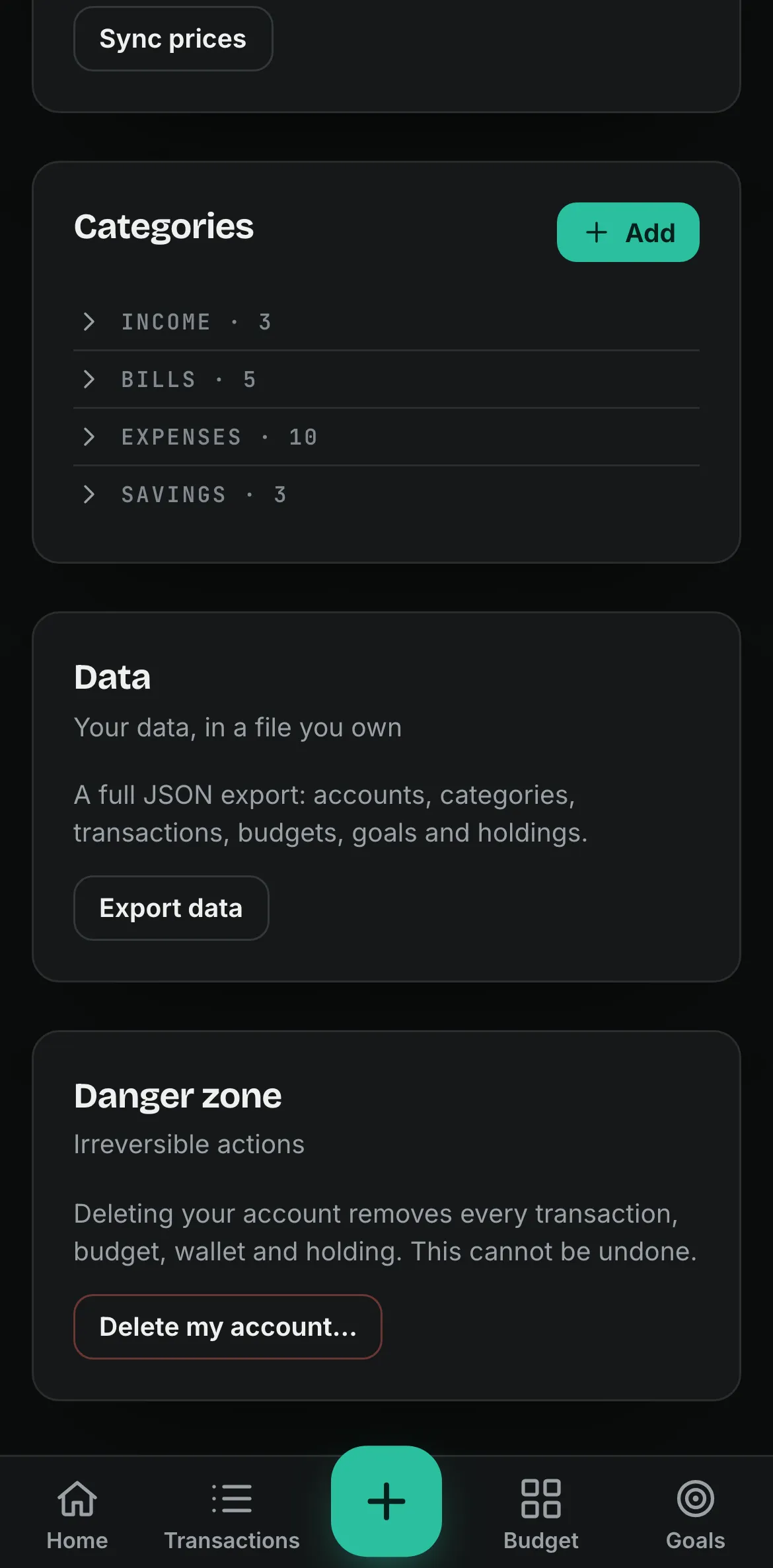 Spentalot Settings on an iPhone: the Data card, with Export data