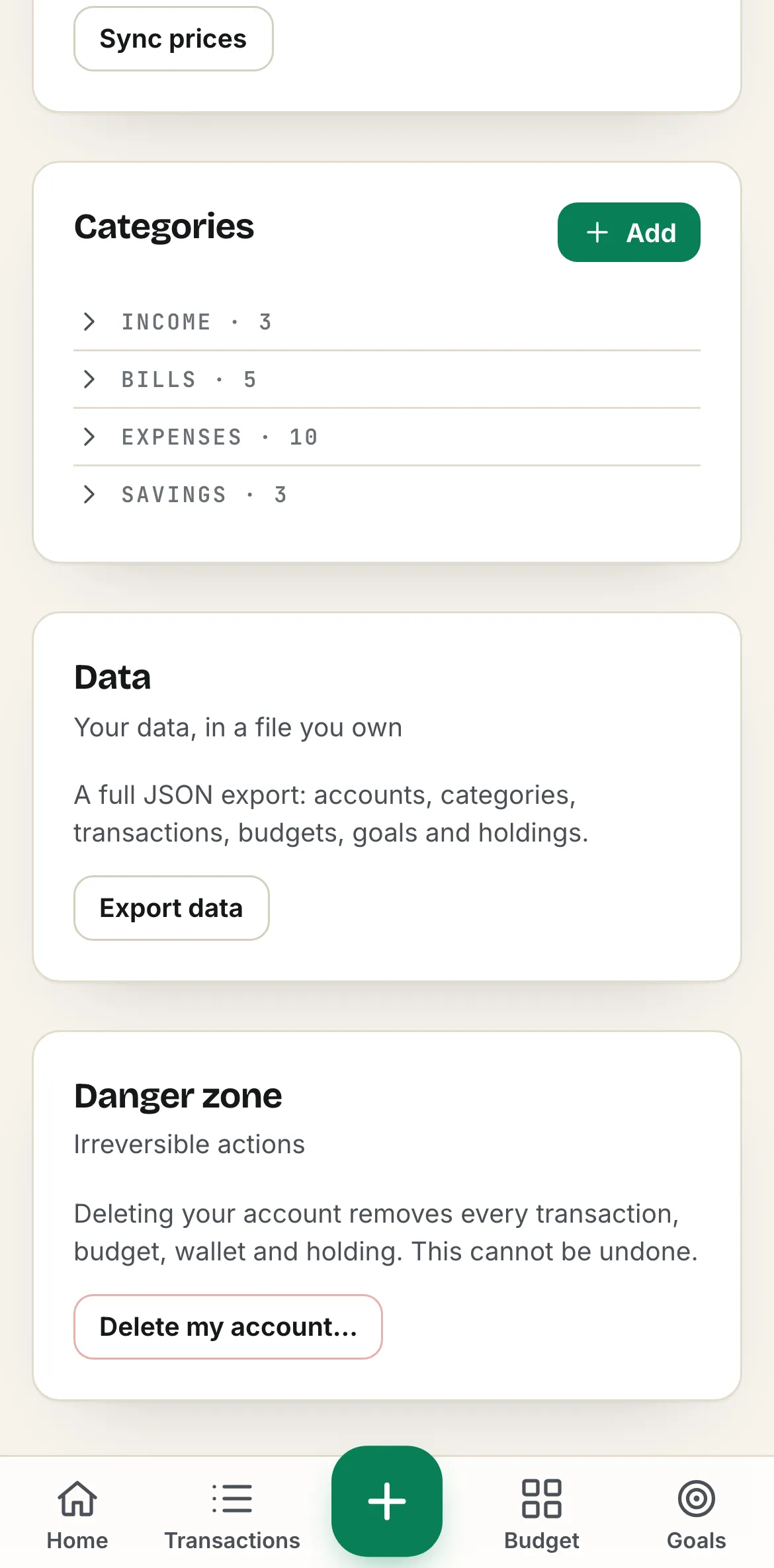 Spentalot Settings on an iPhone: the Data card, with Export data