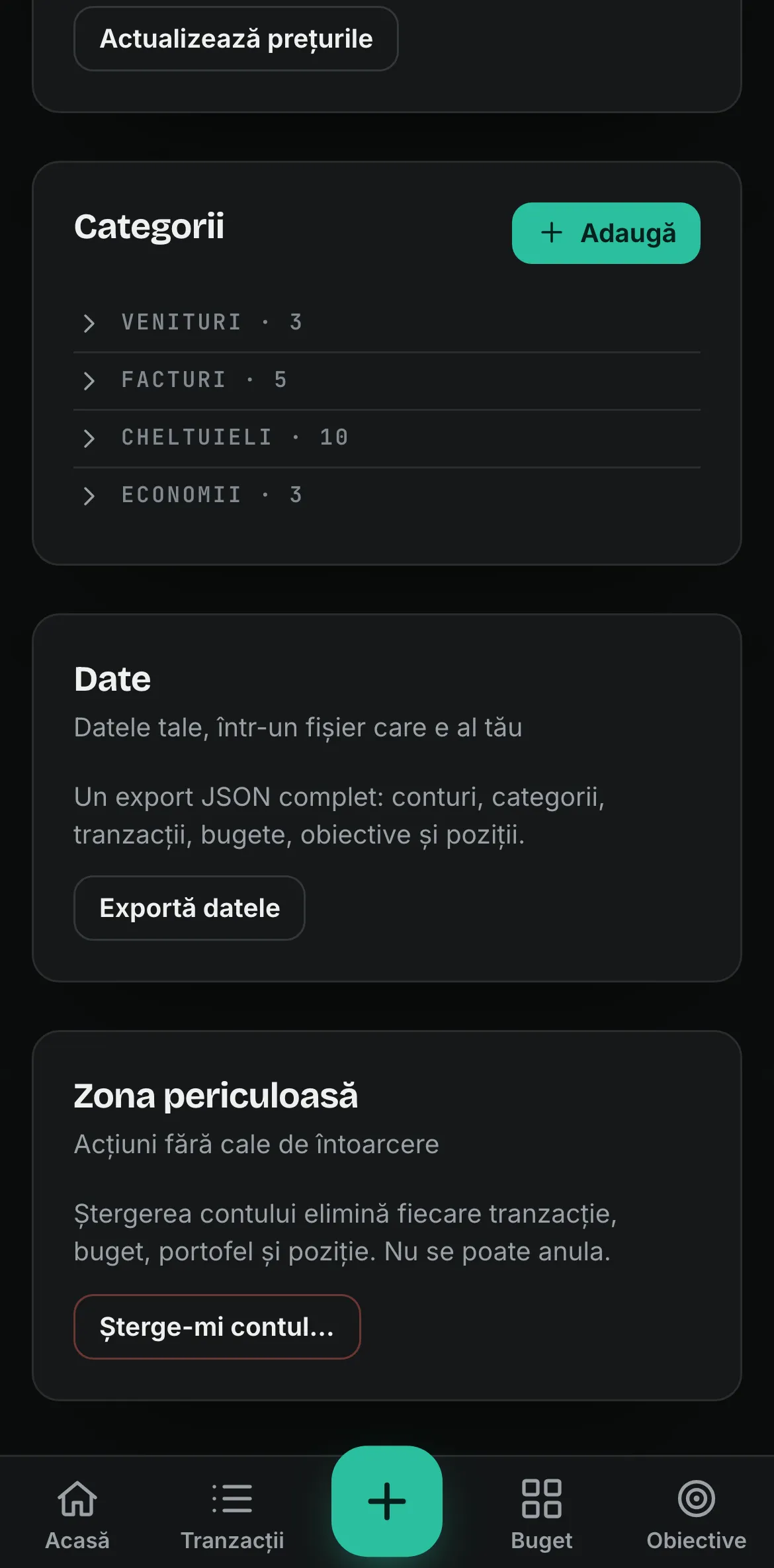 Setările din Spentalot pe iPhone: cardul Date, cu Exportă datele