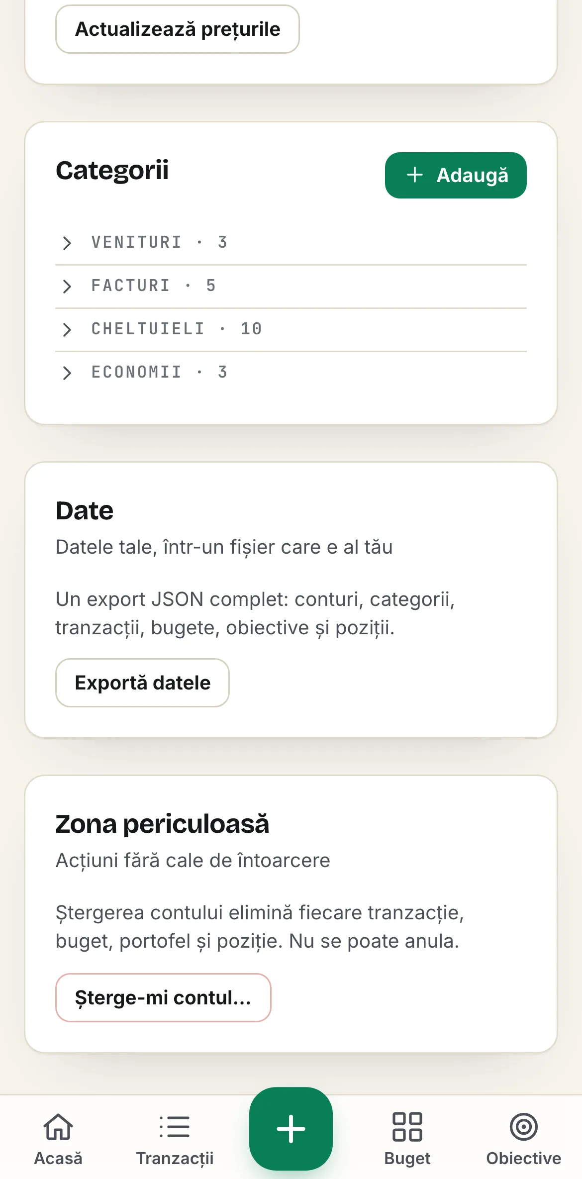 Setările din Spentalot pe iPhone: cardul Date, cu Exportă datele