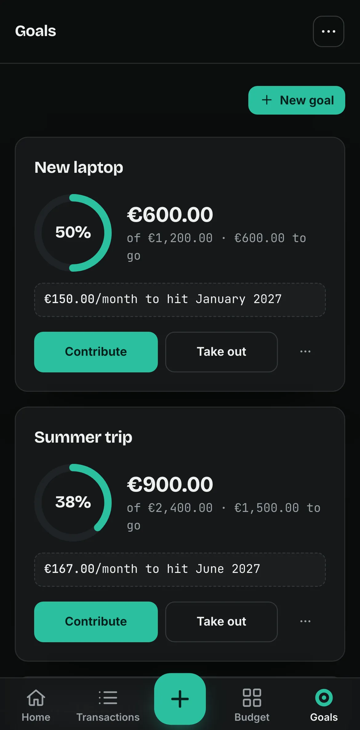 The Goals page of Spentalot on an iPhone