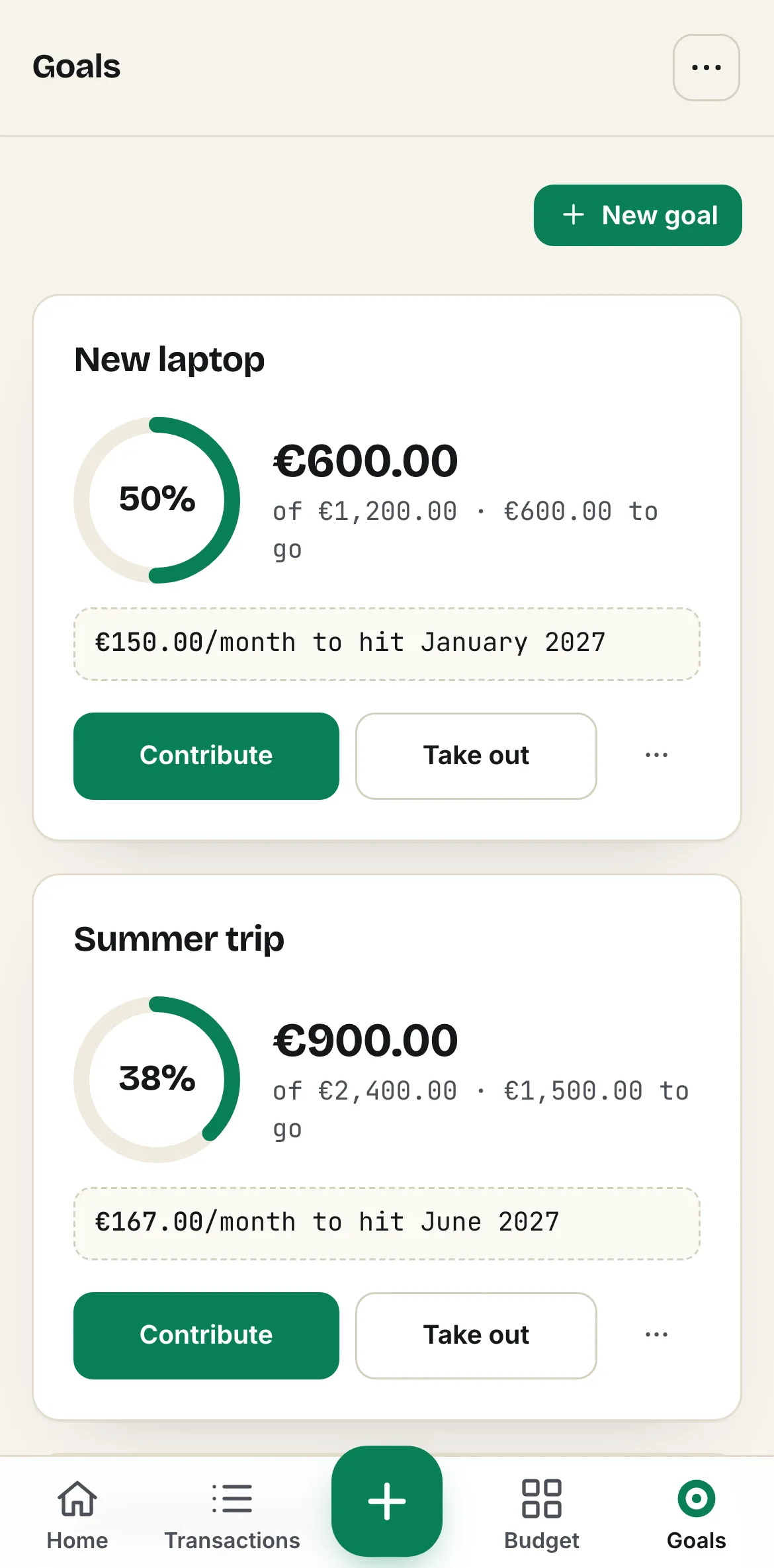 The Goals page of Spentalot on an iPhone