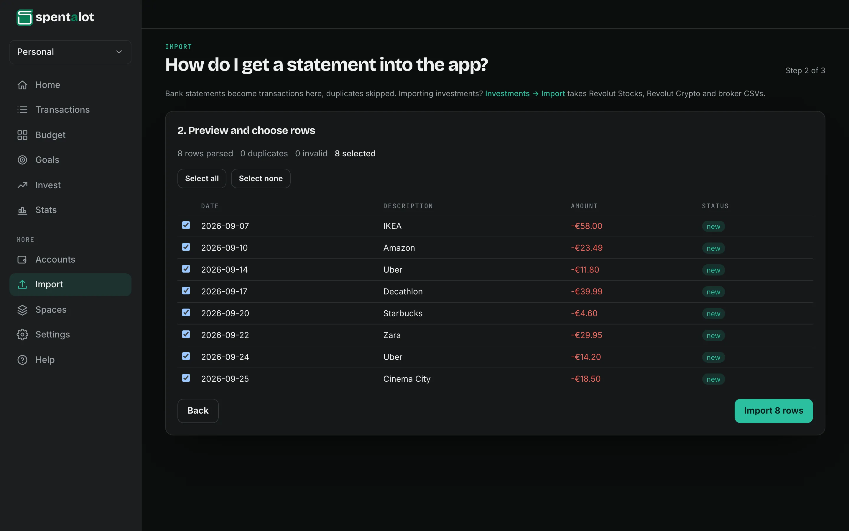 Spentalot Import on a laptop: step 2 of 3, a Revolut statement in preview, every row ticked and marked new