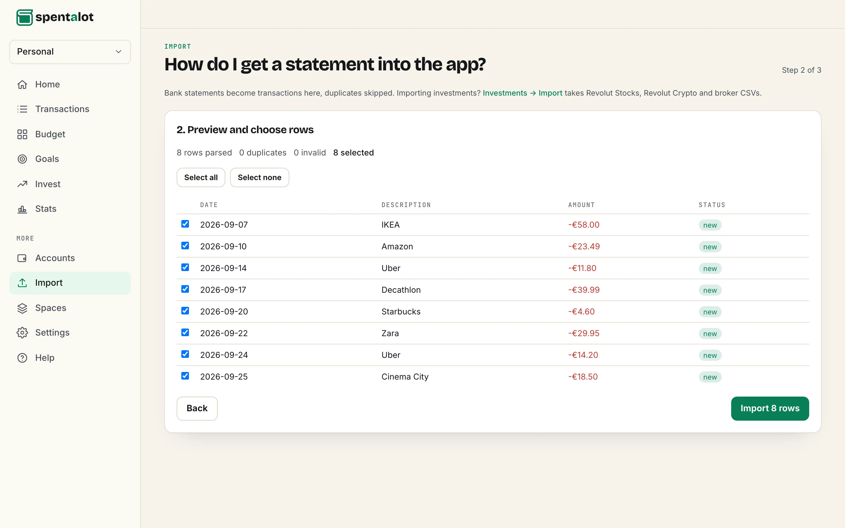 Spentalot Import on a laptop: step 2 of 3, a Revolut statement in preview, every row ticked and marked new