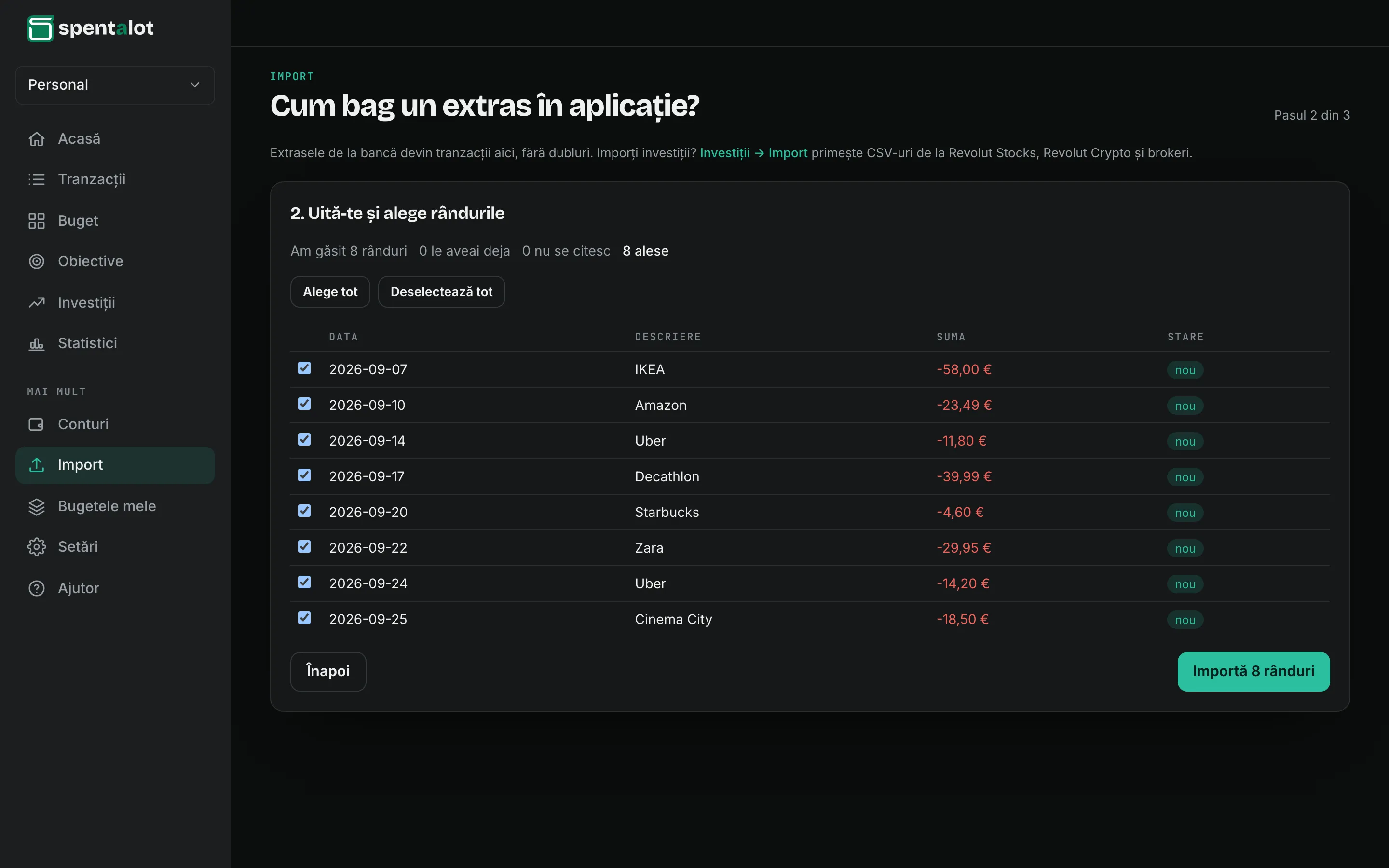 Importul din Spentalot pe laptop: pasul 2 din 3, un extras Revolut previzualizat, fiecare rând bifat și marcat nou