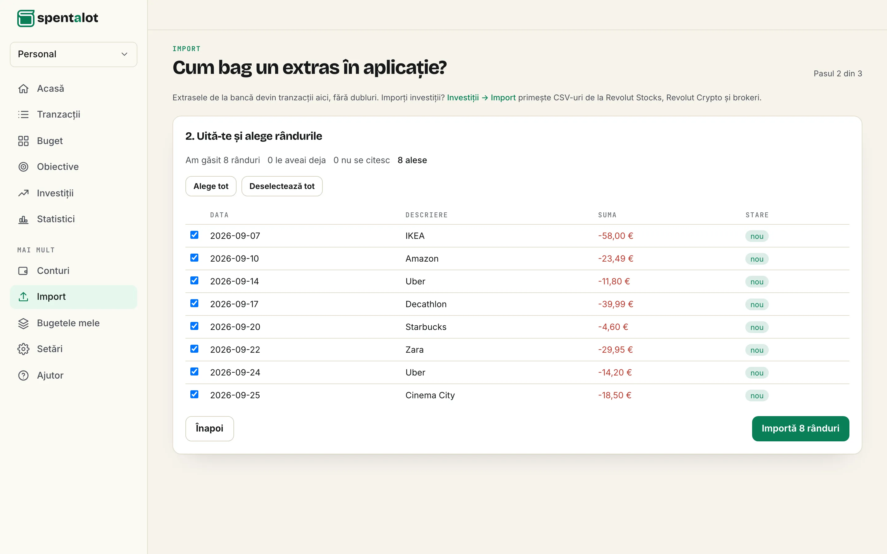 Importul din Spentalot pe laptop: pasul 2 din 3, un extras Revolut previzualizat, fiecare rând bifat și marcat nou