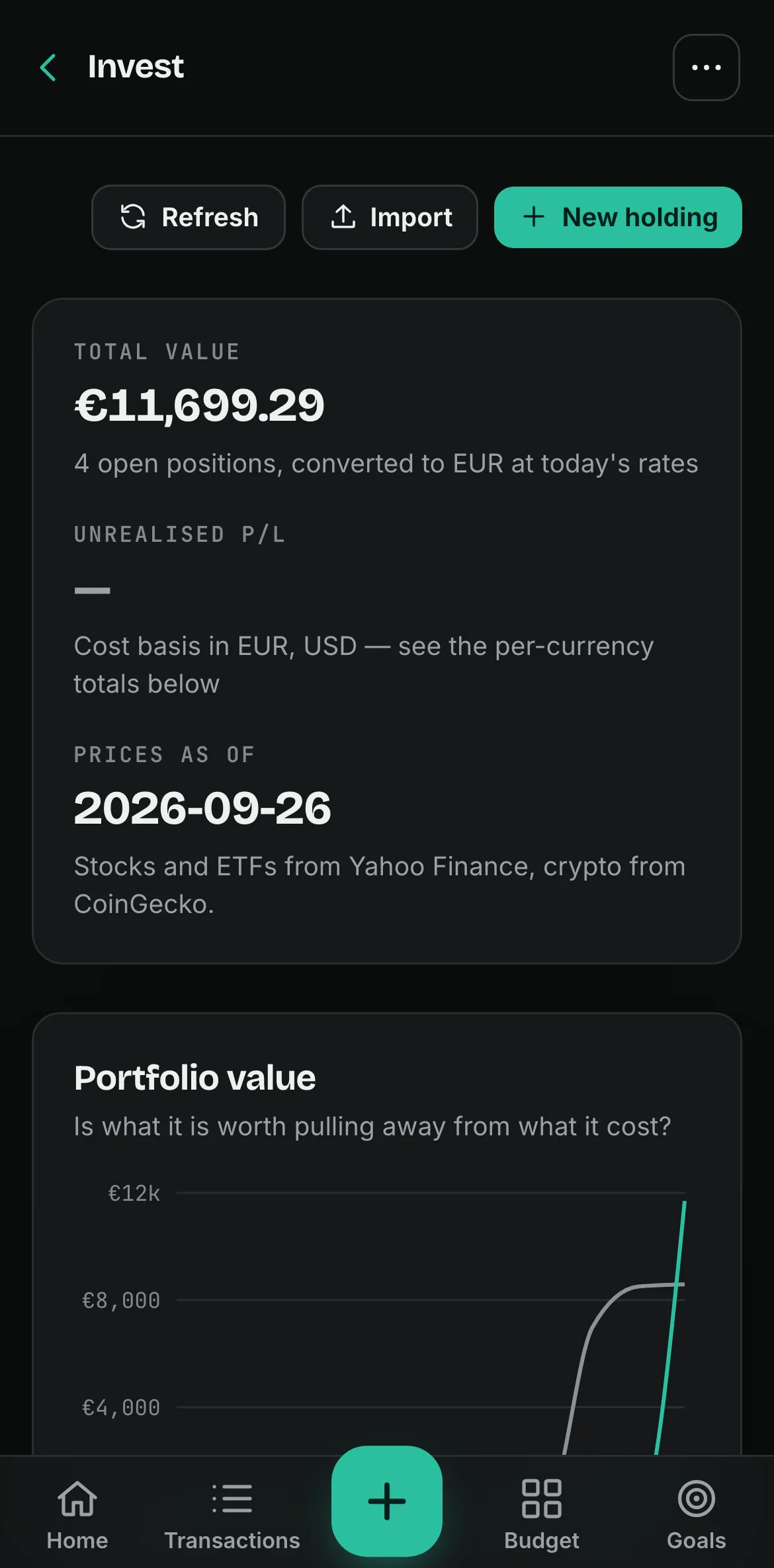 Spentalot Invest on an iPhone: the portfolio’s total value and where its prices come from