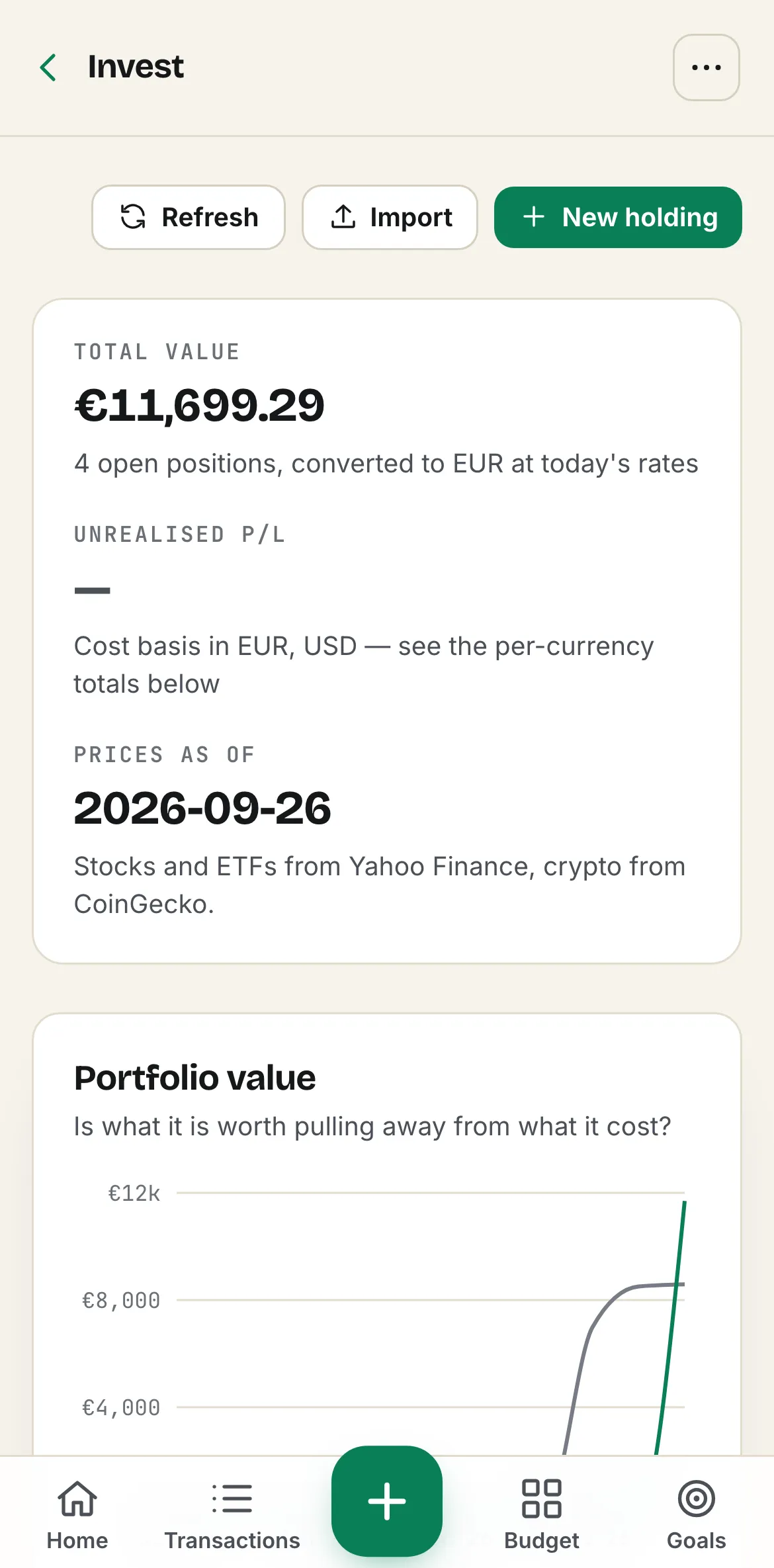 Spentalot Invest on an iPhone: the portfolio’s total value and where its prices come from