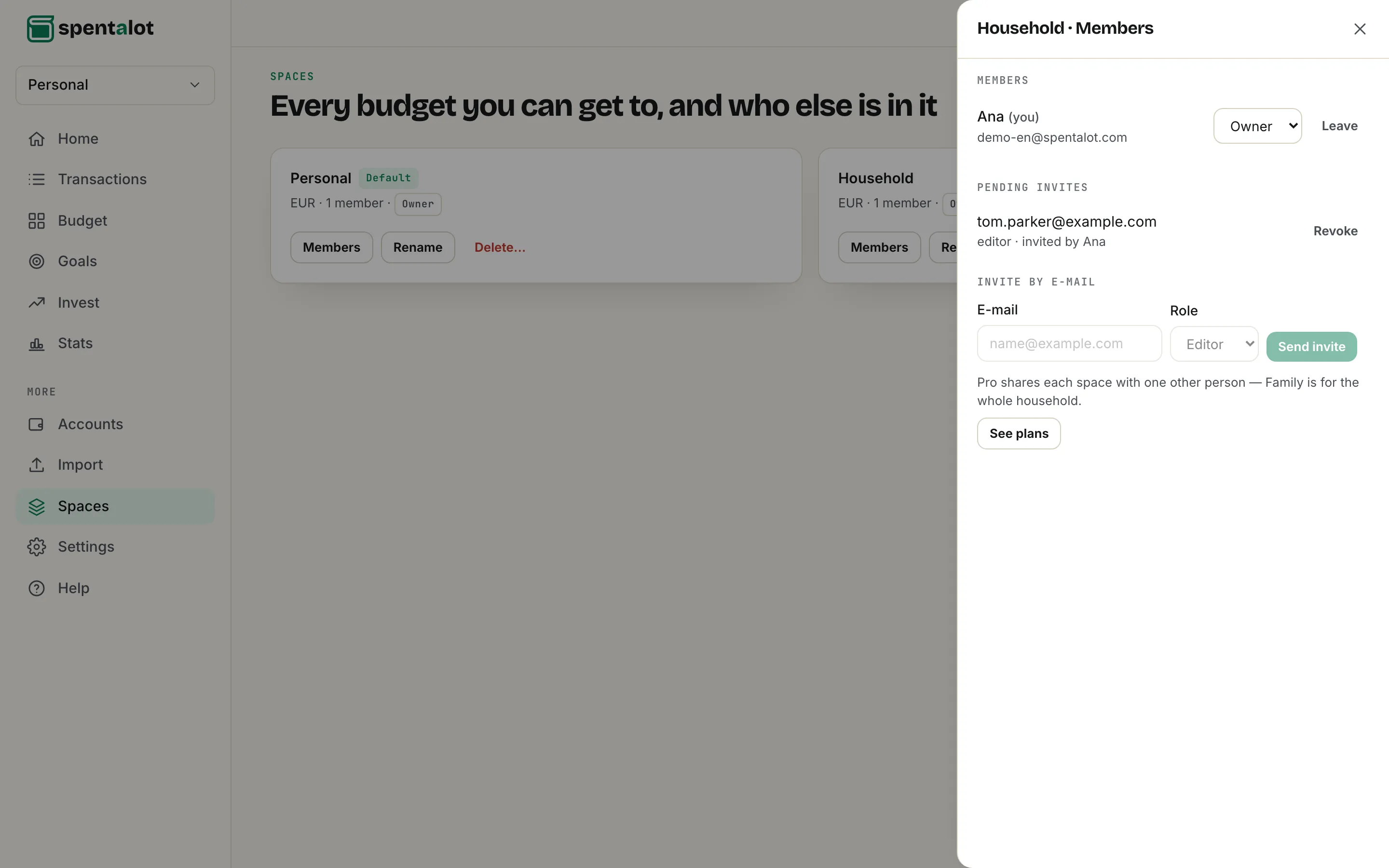 Spentalot Spaces on a laptop: a shared Household budget’s Members panel, with an invitation waiting to be accepted