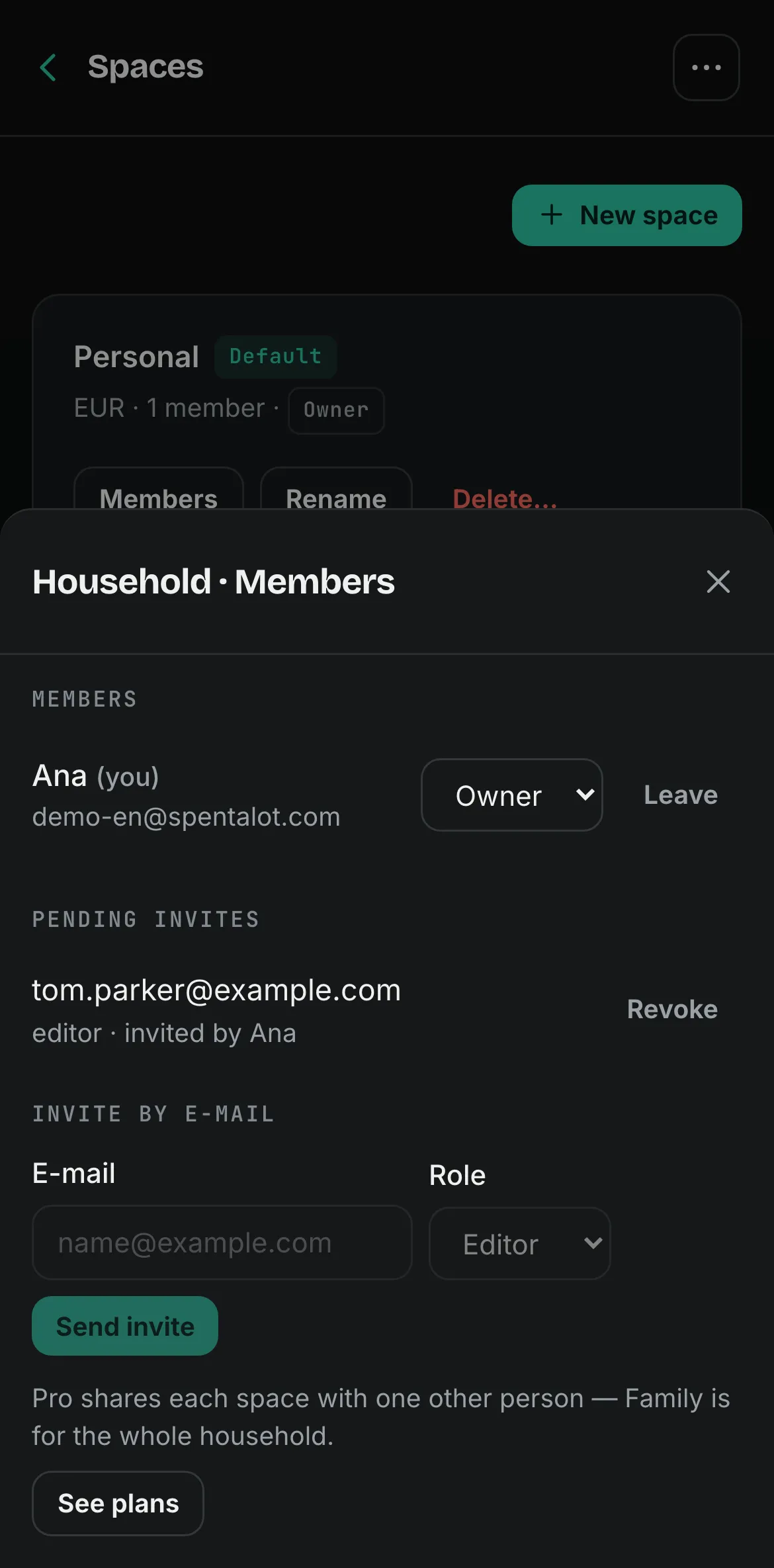 Spentalot Spaces on an iPhone: the Household budget’s members, a pending invitation and the e-mail invite form