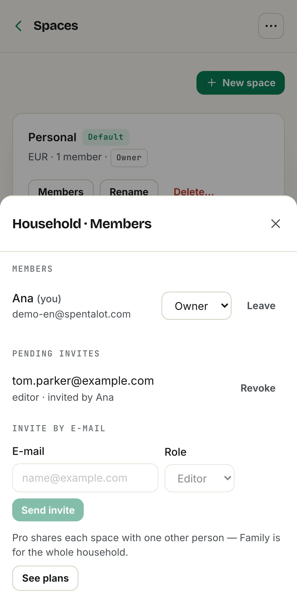 Spentalot Spaces on an iPhone: the Household budget’s members, a pending invitation and the e-mail invite form