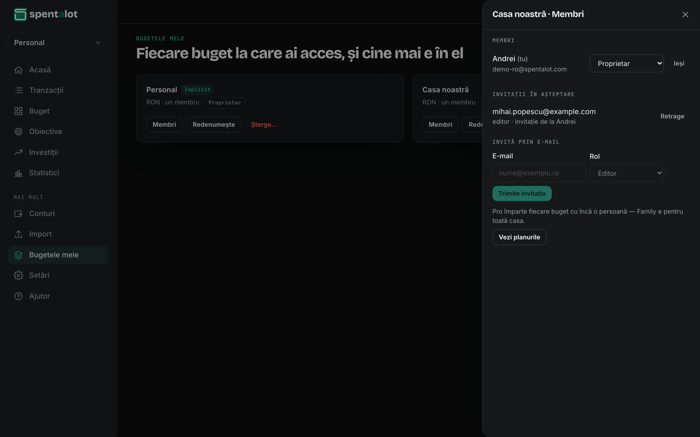 Bugetele din Spentalot pe laptop: panoul Membri al bugetului comun Casa noastră, cu o invitație care așteaptă să fie acceptată