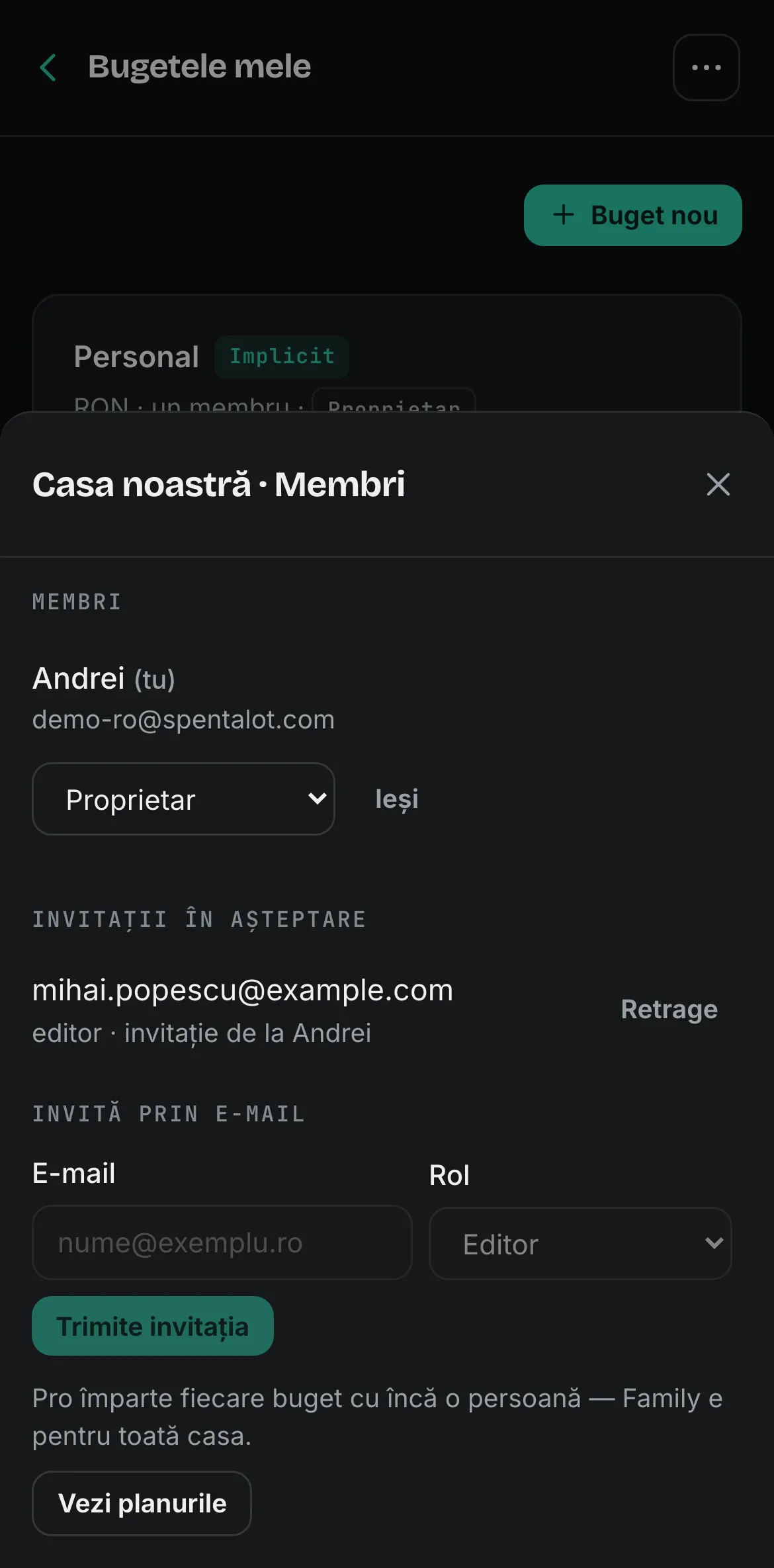 Bugetele din Spentalot pe iPhone: membrii bugetului Casa noastră, o invitație în așteptare și formularul de invitație prin e-mail