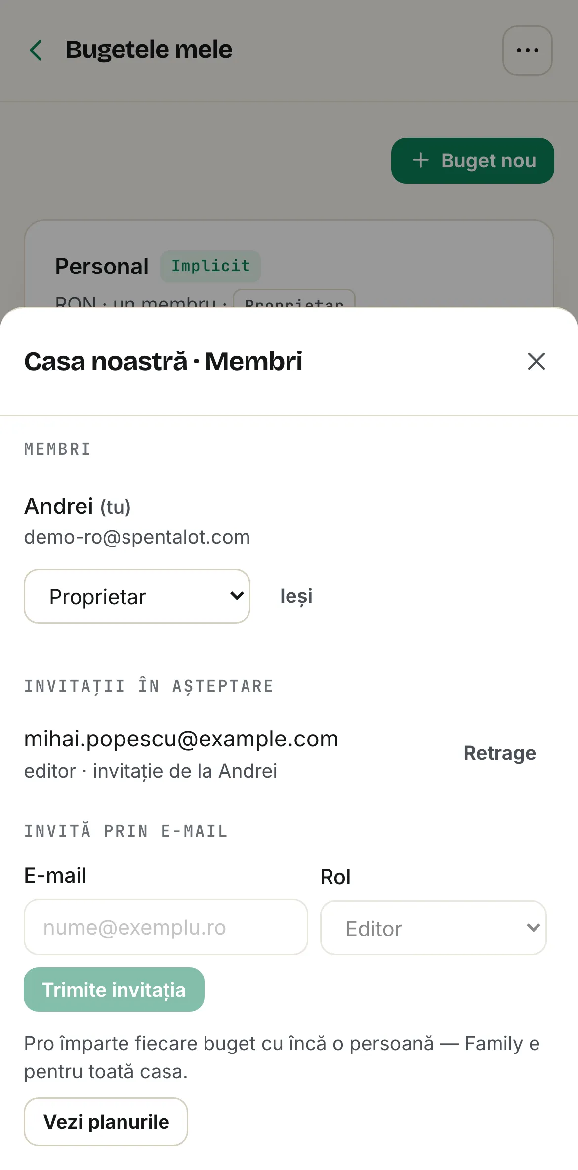 Bugetele din Spentalot pe iPhone: membrii bugetului Casa noastră, o invitație în așteptare și formularul de invitație prin e-mail
