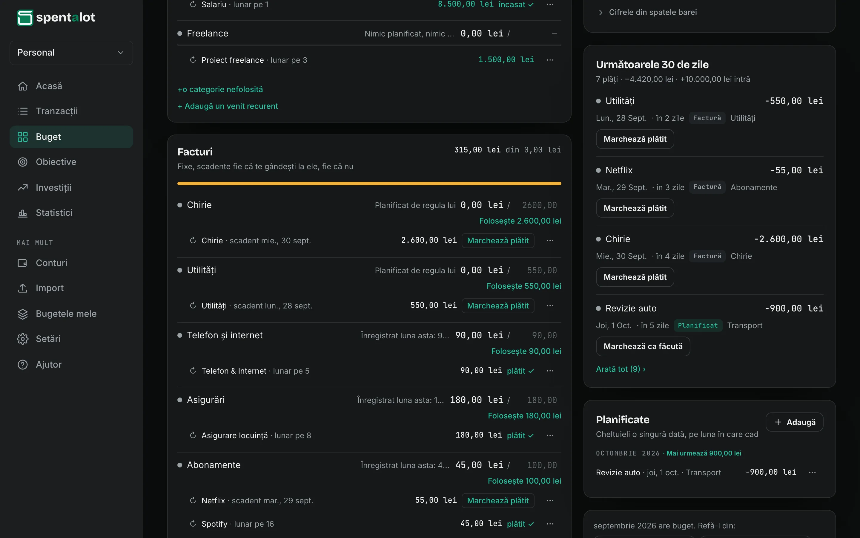 Bugetul din Spentalot pe laptop: următoarele 30 de zile, în ordine: facturi, cheltuieli planificate și venituri