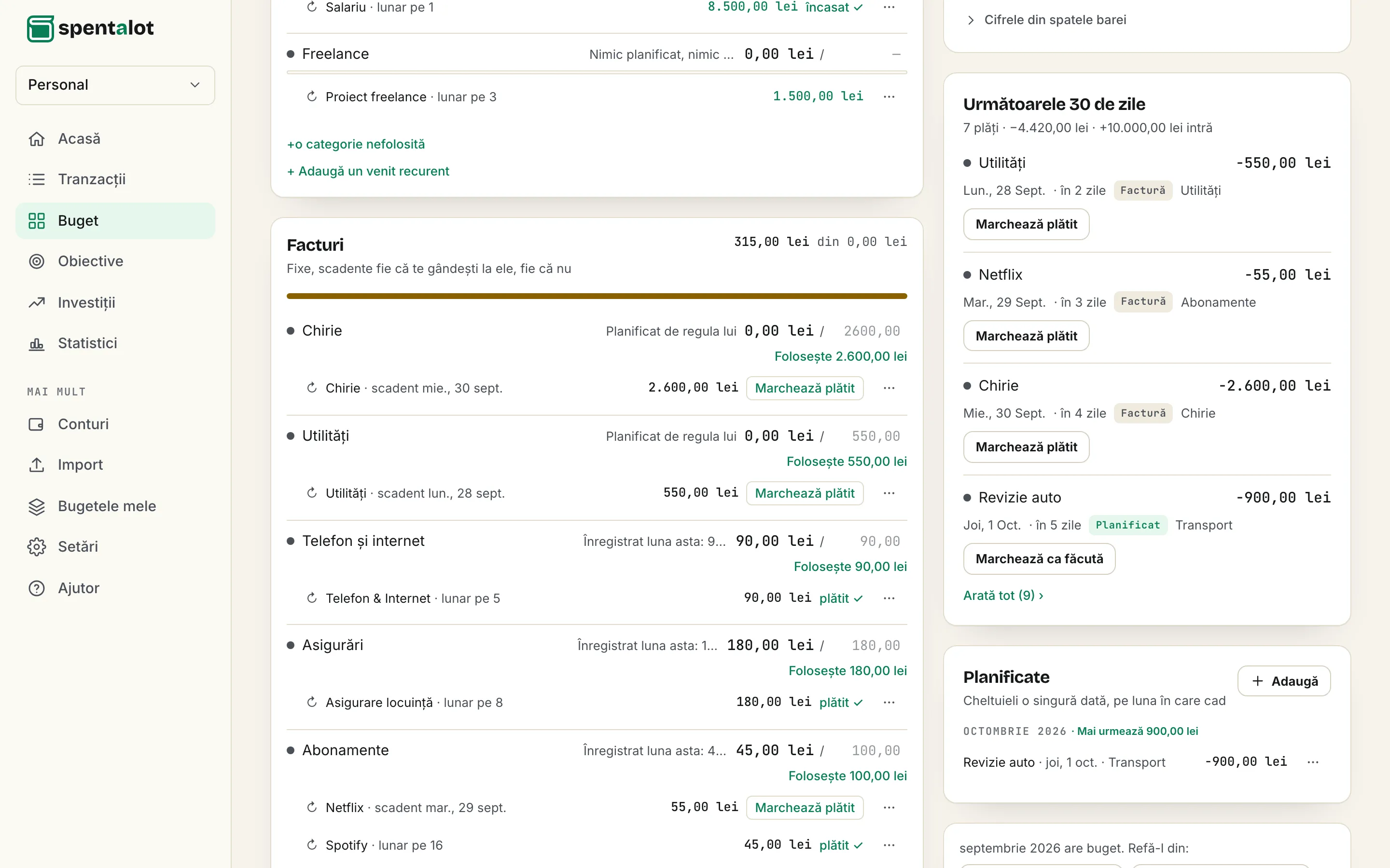 Bugetul din Spentalot pe laptop: următoarele 30 de zile, în ordine: facturi, cheltuieli planificate și venituri
