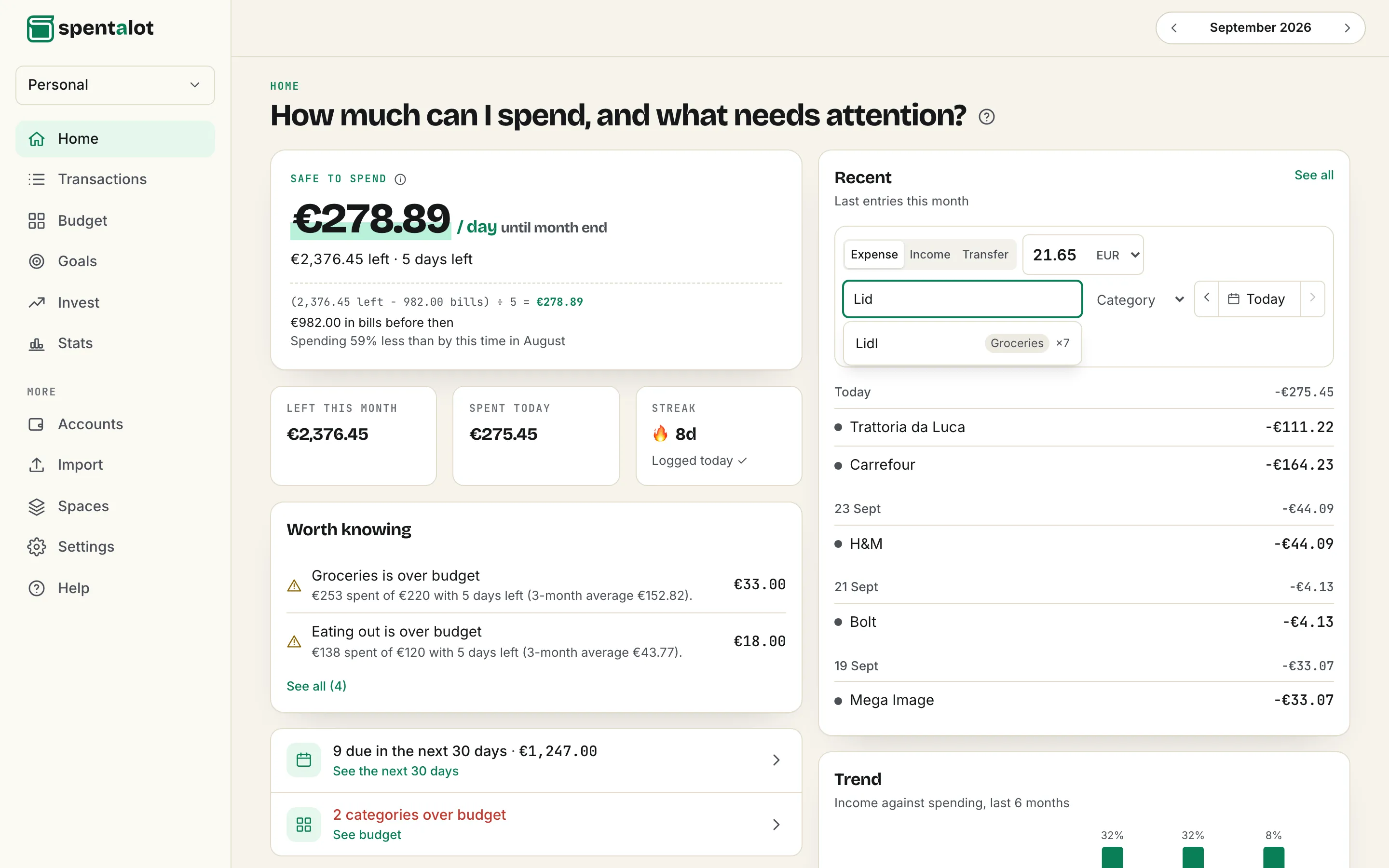Spentalot quick add on a laptop: €21.65 typed, and “Lid” already suggesting Lidl in Groceries
