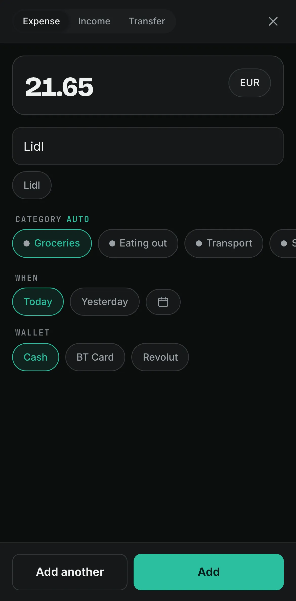 The add sheet on an iPhone: €21.65 at Lidl, with Groceries filled in automatically