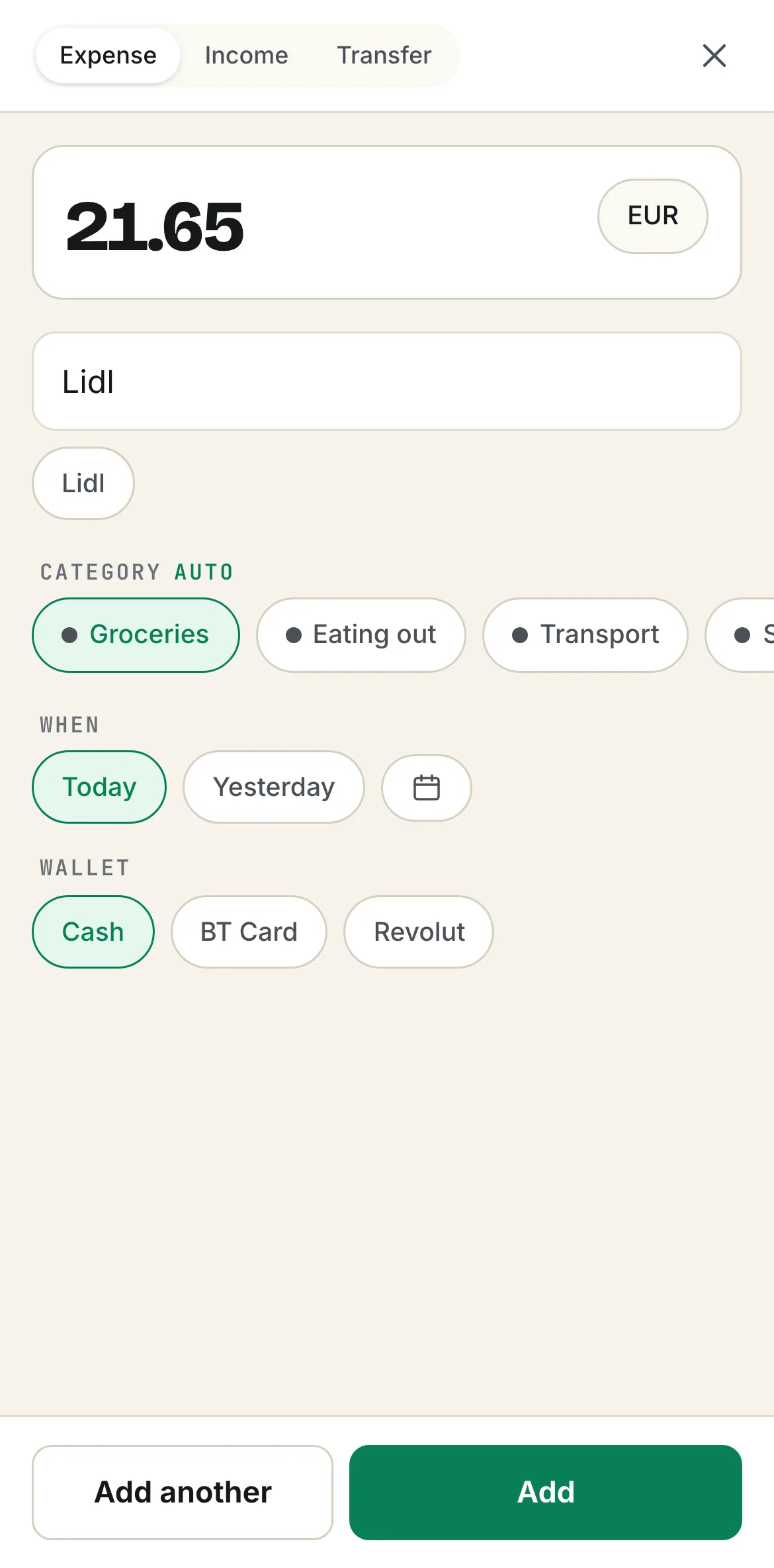 The add sheet on an iPhone: €21.65 at Lidl, with Groceries filled in automatically
