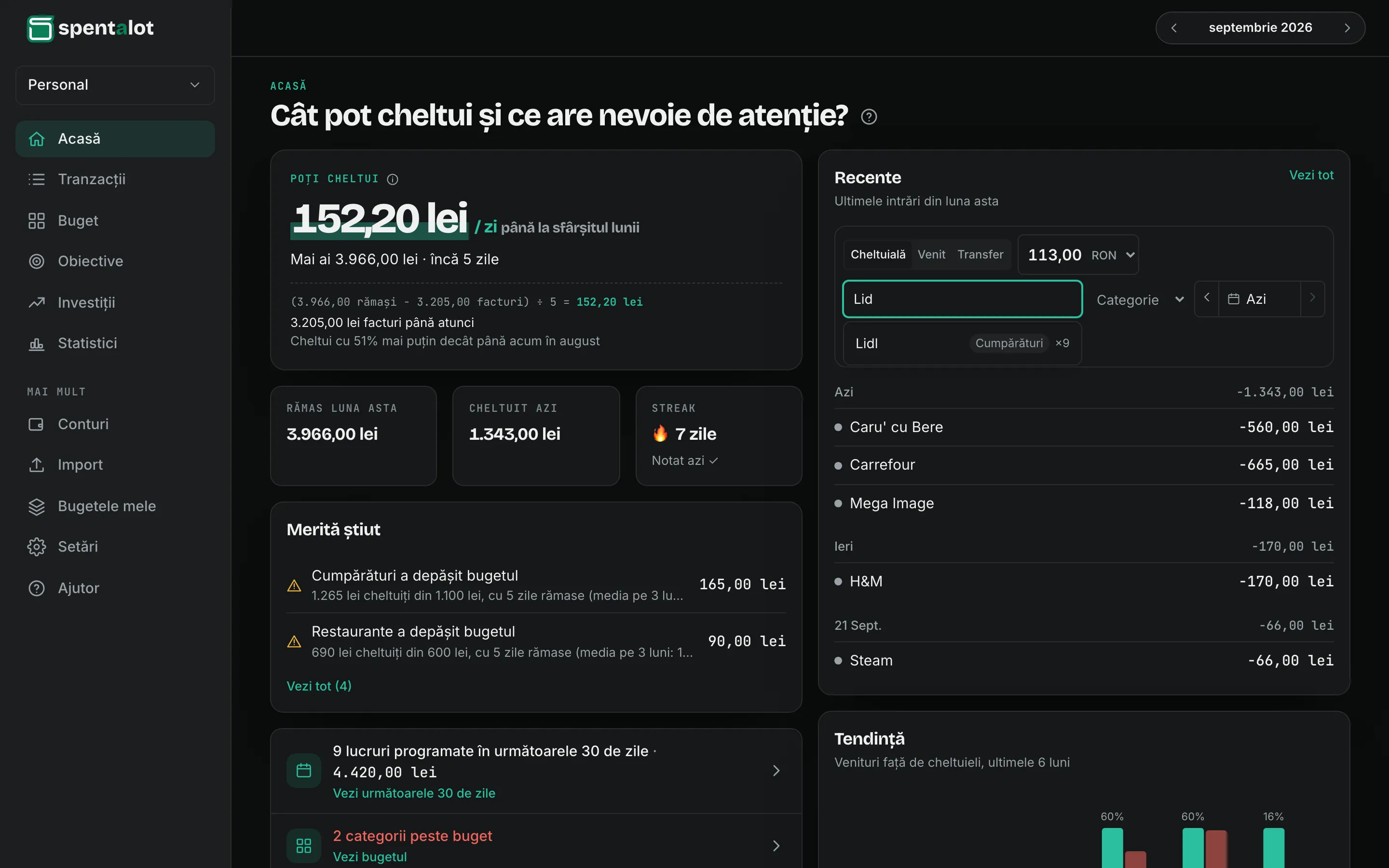Adăugarea rapidă din Spentalot pe laptop: 113,00 lei scris, iar „Lid” propune deja Lidl, la Cumpărături