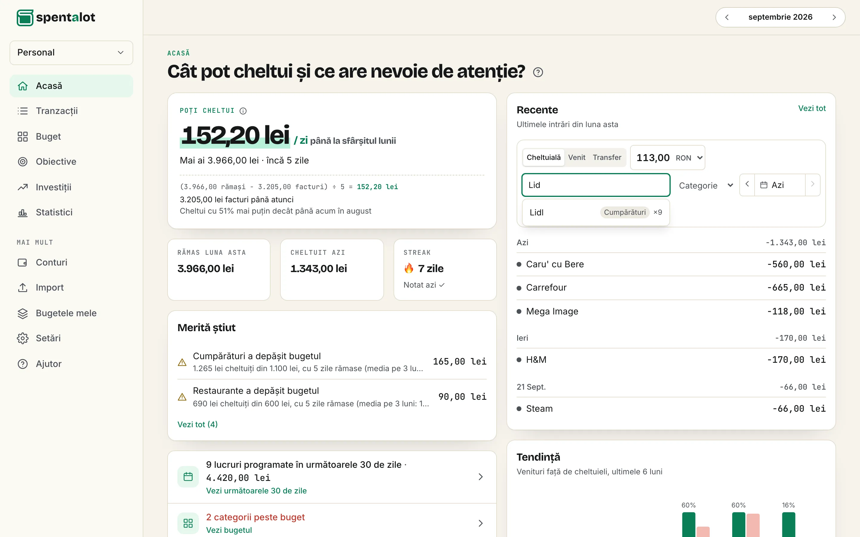 Adăugarea rapidă din Spentalot pe laptop: 113,00 lei scris, iar „Lid” propune deja Lidl, la Cumpărături