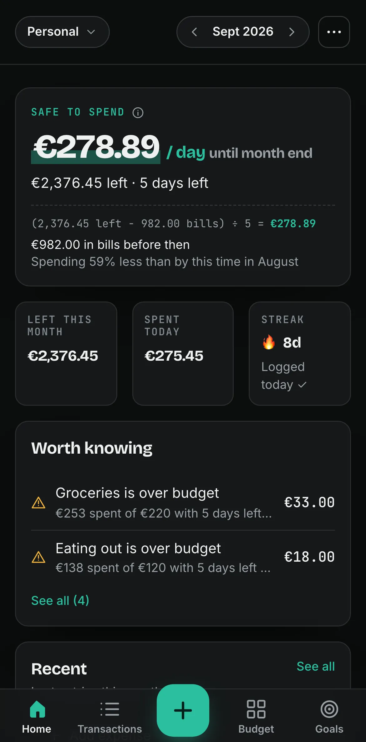The Home page of Spentalot on an iPhone