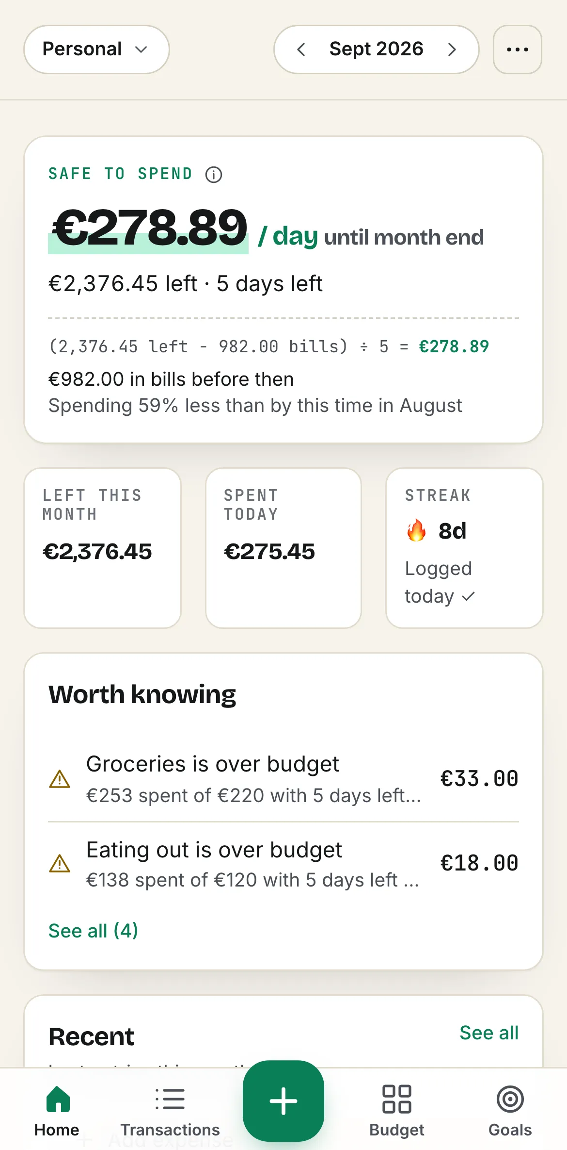 The Home page of Spentalot on an iPhone