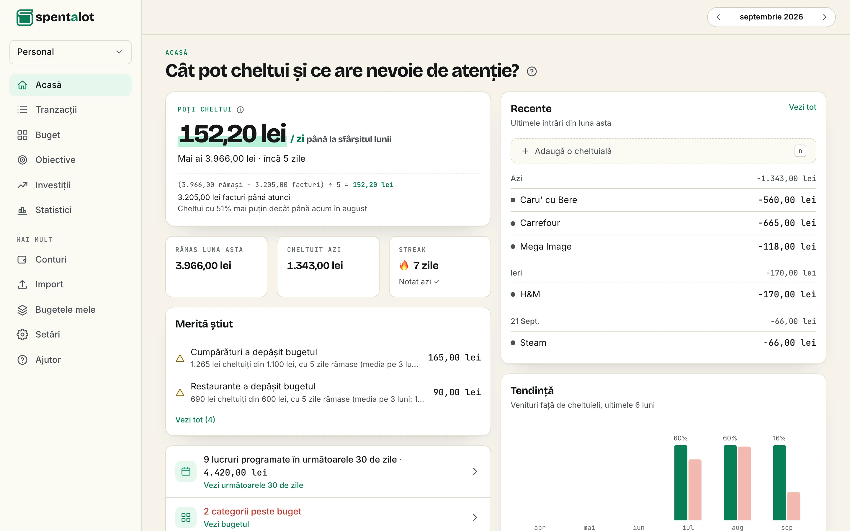 Ecranul Acasă din Spentalot pe laptop: 152,20 lei pe zi de cheltuit până la sfârșitul lunii