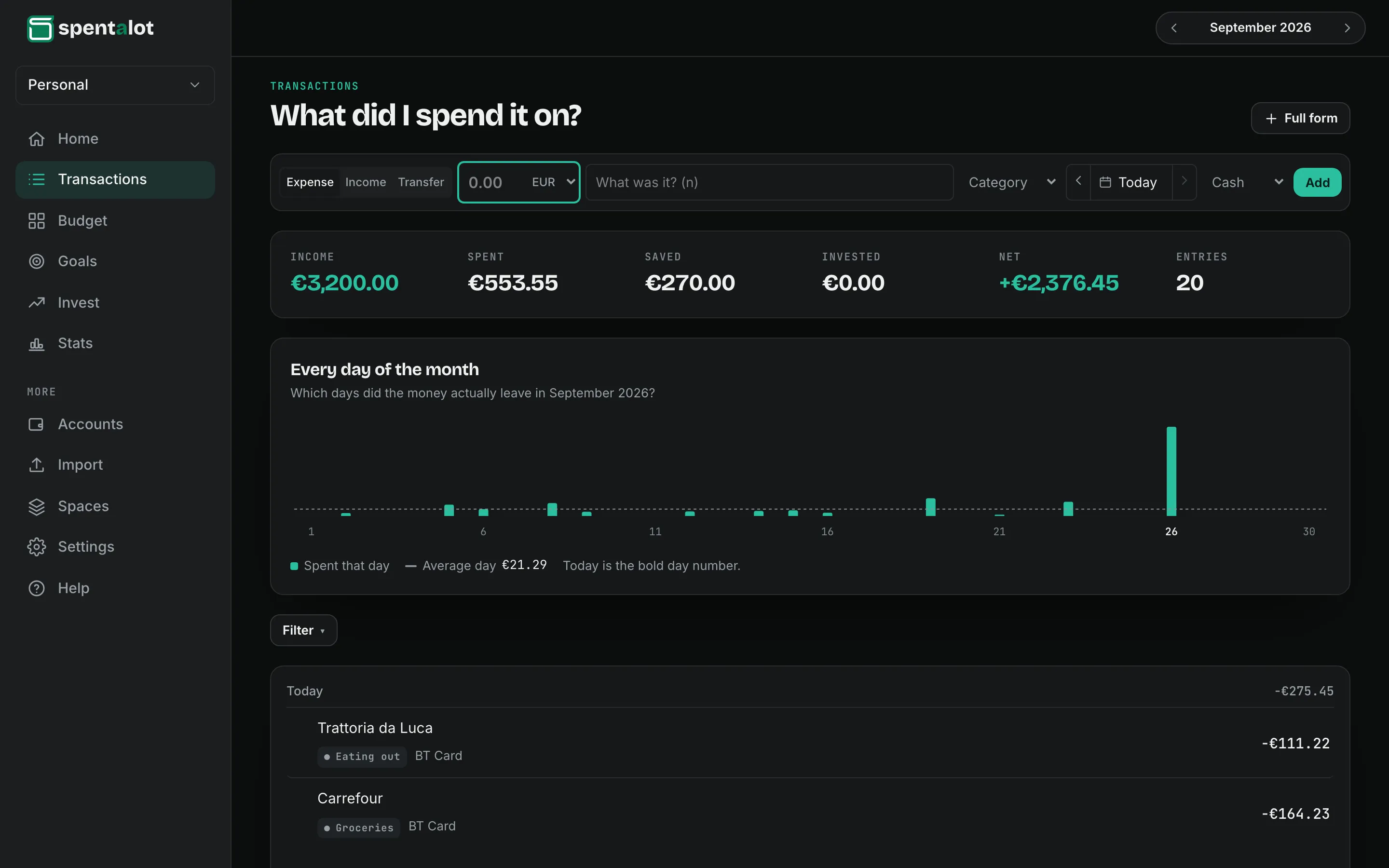 The Transactions page of Spentalot on a laptop