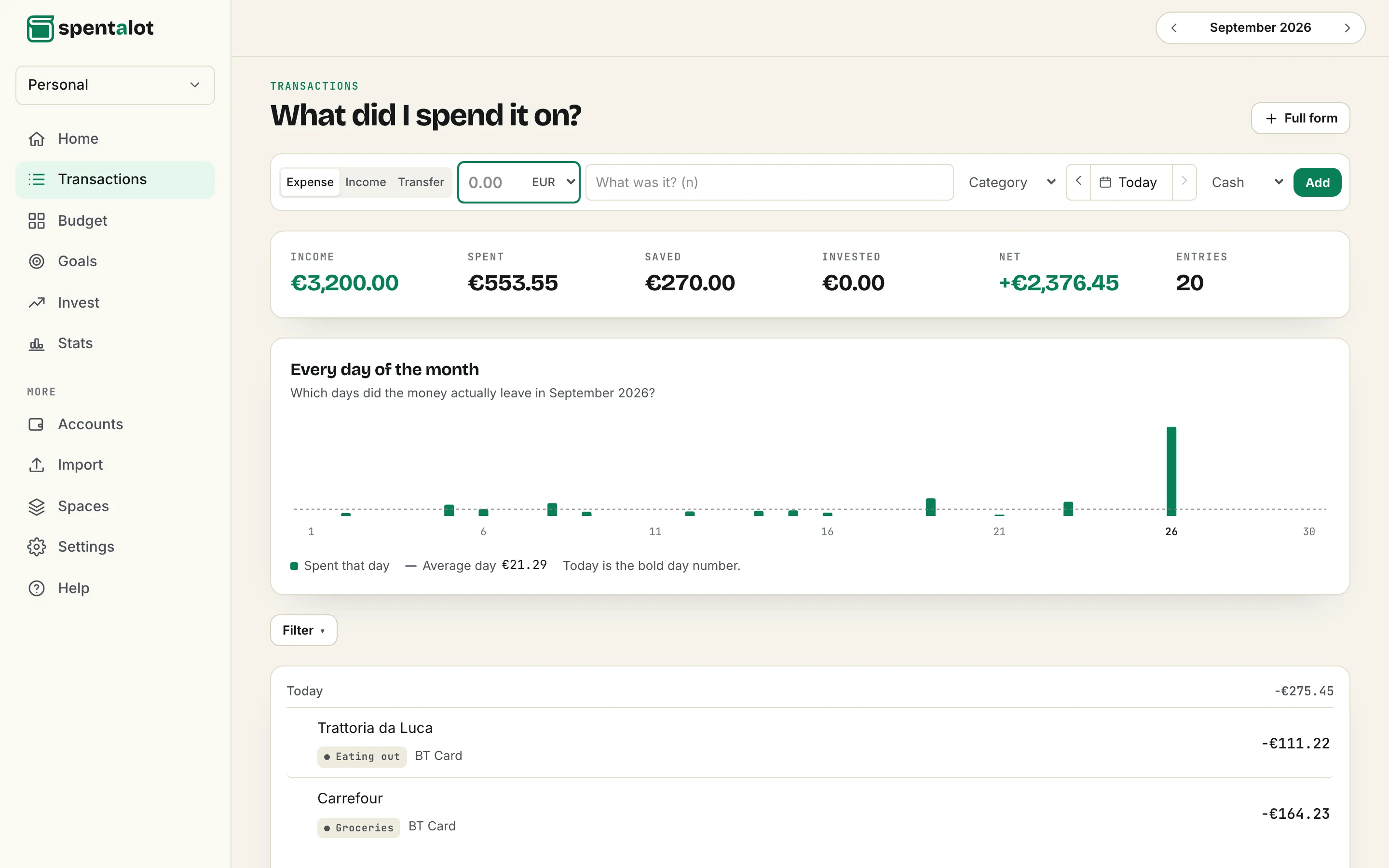 The Transactions page of Spentalot on a laptop