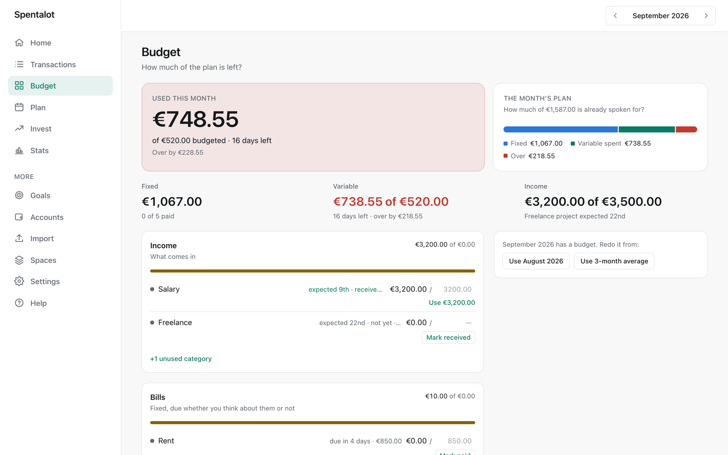 Budget — This month’s limit, per category.