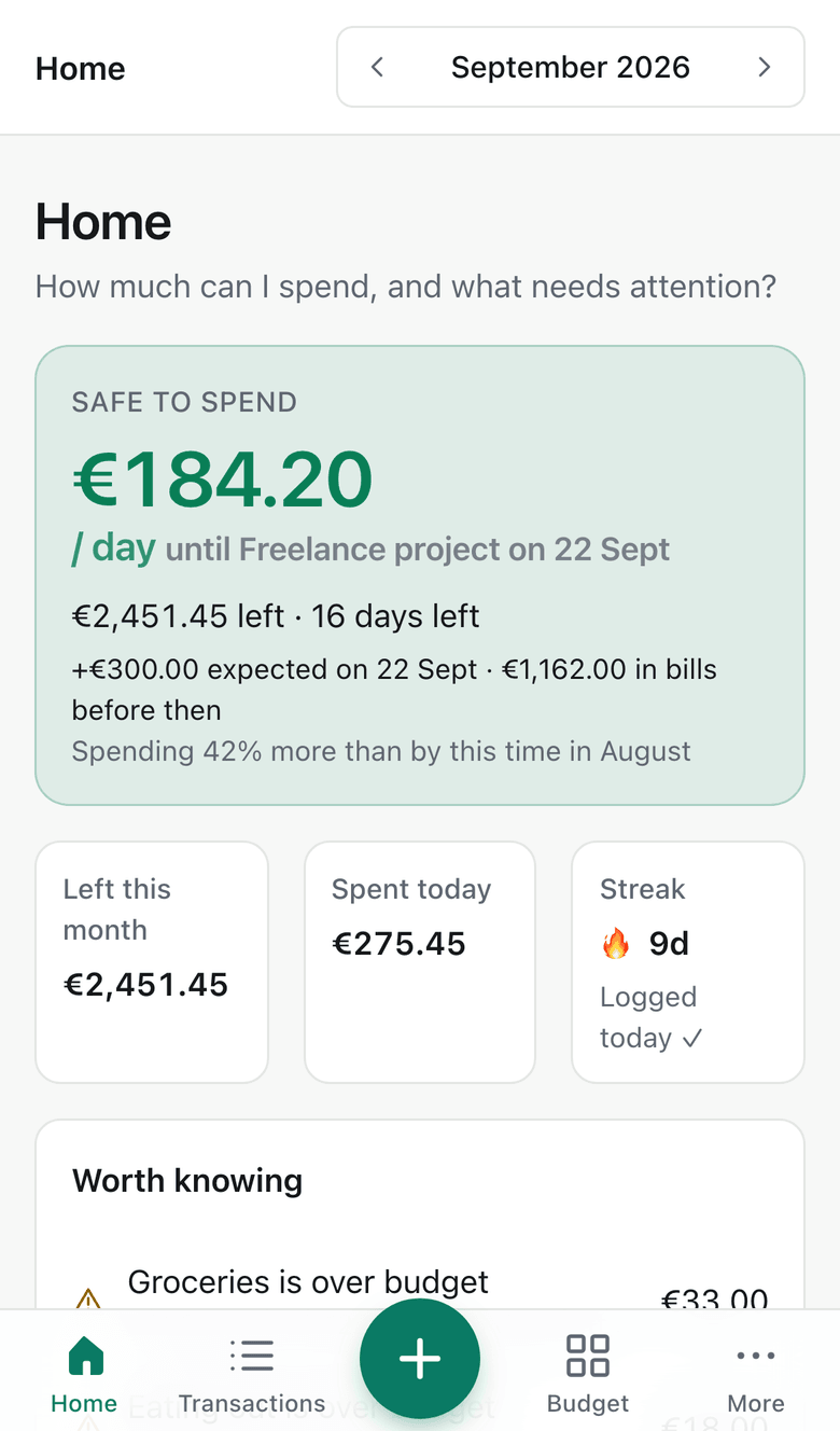 Spentalot’s Home screen, showing the safe-to-spend number for today