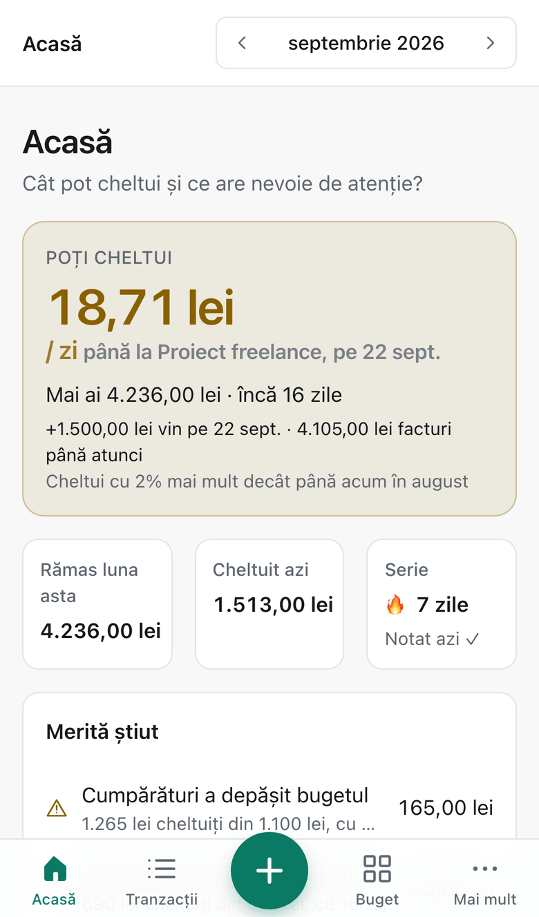Ecranul Acasă din Spentalot, cu suma pe care poți s-o cheltui azi