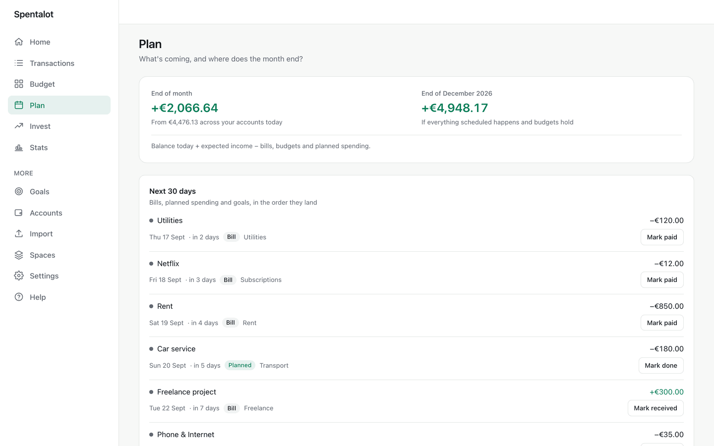 Plan — Salary, bills and one-off plans.